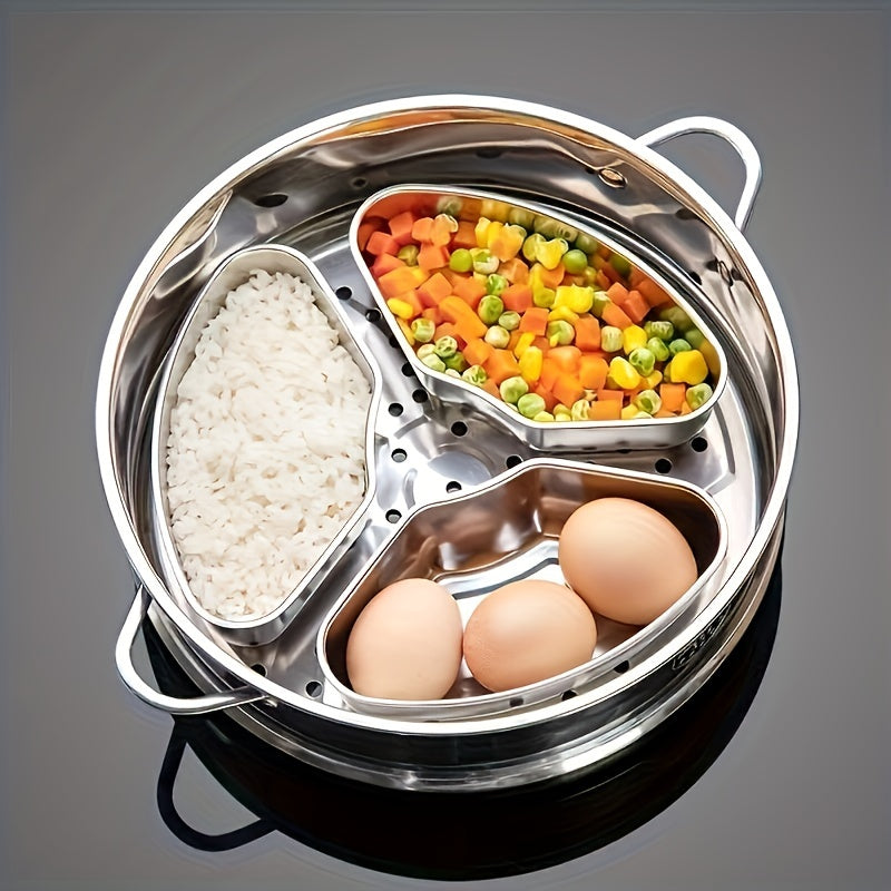 3-Piece Stainless Steel Fan-Shaped Steamer Set with Tray, Grid, and Bowls for Health Cooking, Multi-Functional Separator Rice Cooker for Home Kitchen, Outdoor Camping, and Hiking