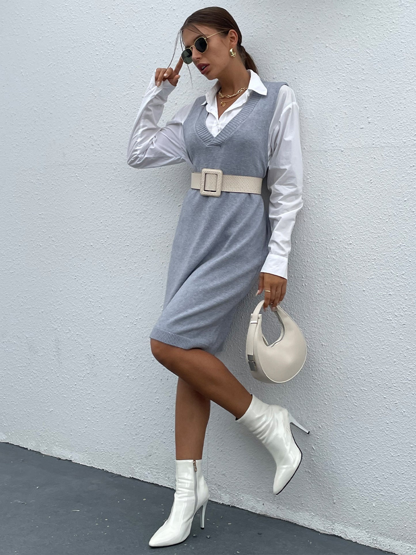 Sixsr Solid V Neck Sweater Dress Without Belt