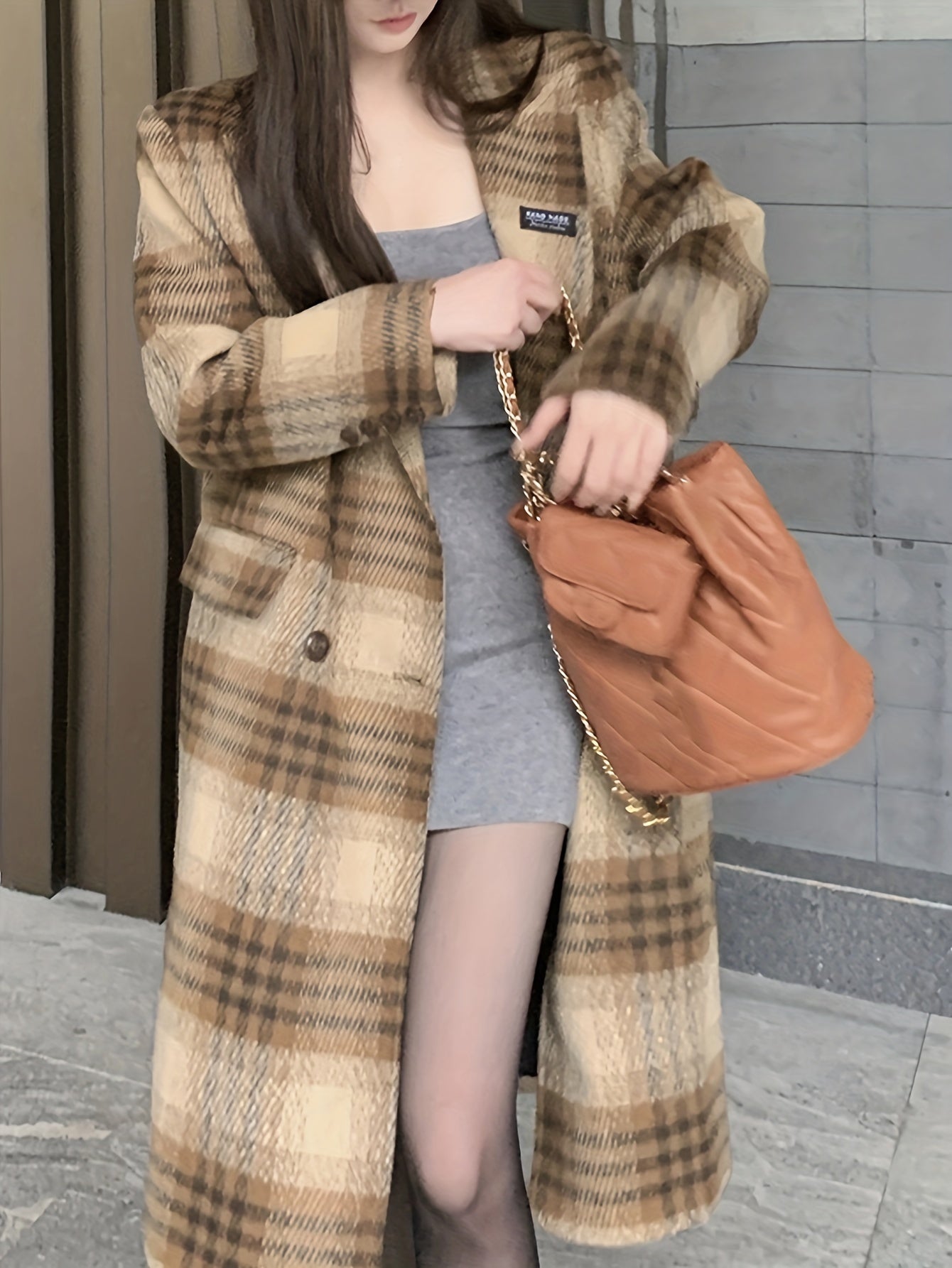 Sixsr Plaid Print Double-breasted Coat, Elegant Notched Collar Long Sleeve Knee Length Coat, Women's Clothing
