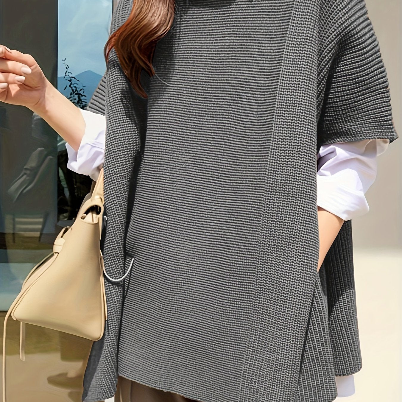 Sixsr Plus Size Casual Knit Top, Women's Plus Solid Short Sleeve Round Neck Split Hem Loose Knit Top