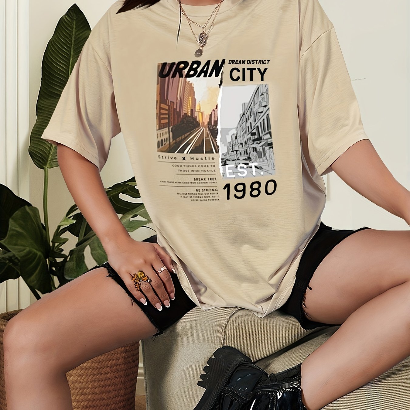 Sixsr Graphic Print Oversized T-shirt, Casual Crew Neck Short Sleeve Drop Shoulder T-shirt, Women's Clothing