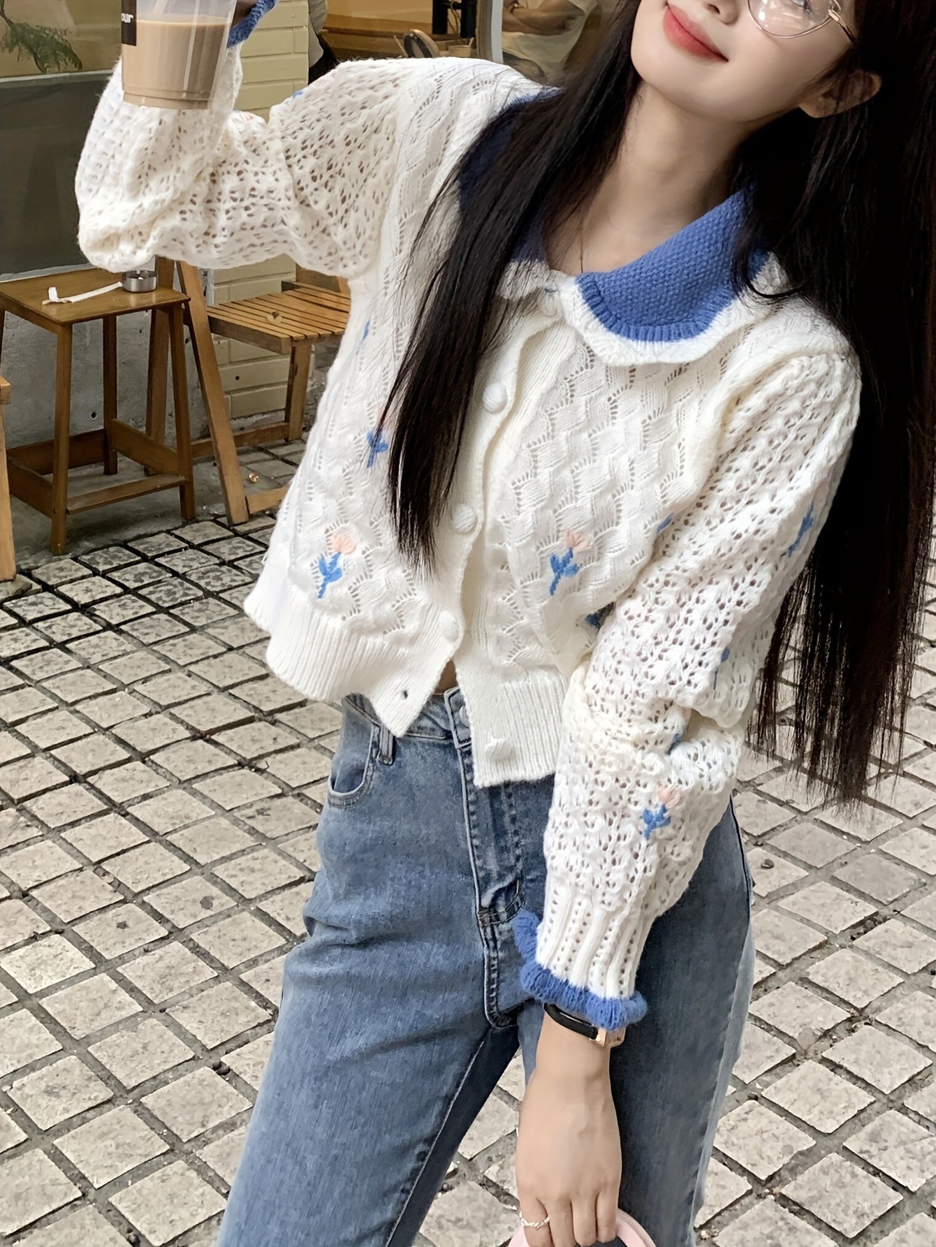 Sixsr Color Block Button Front Cardigan, Long Sleeve Pointelle Knit Cardigan, Women's Clothing