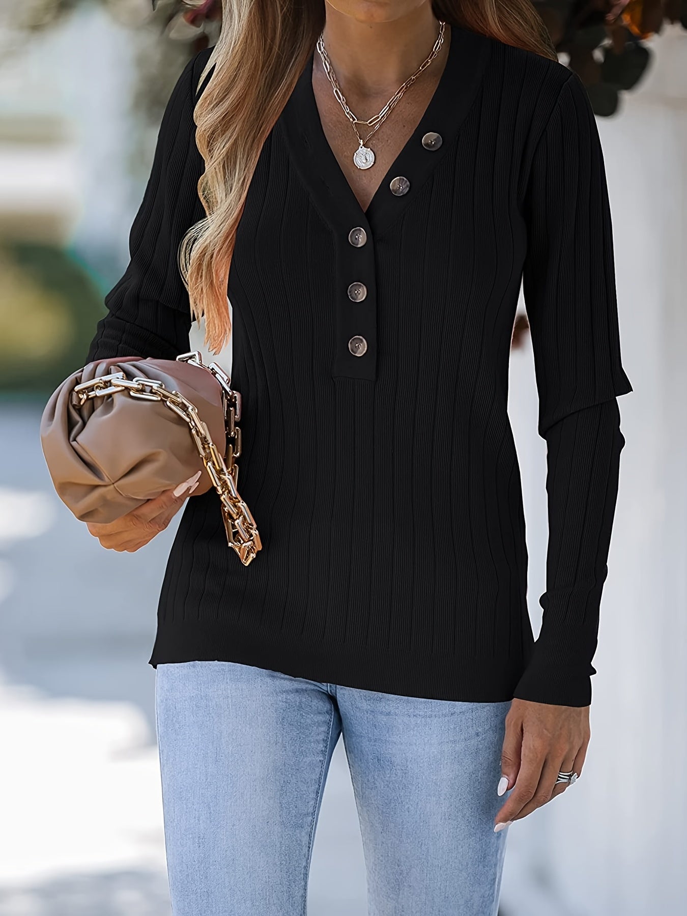 Sixsr Button Front V Neck Knit Sweater, Casual Long Sleeve Ribbed Sweater For Spring & Fall, Women's Clothing