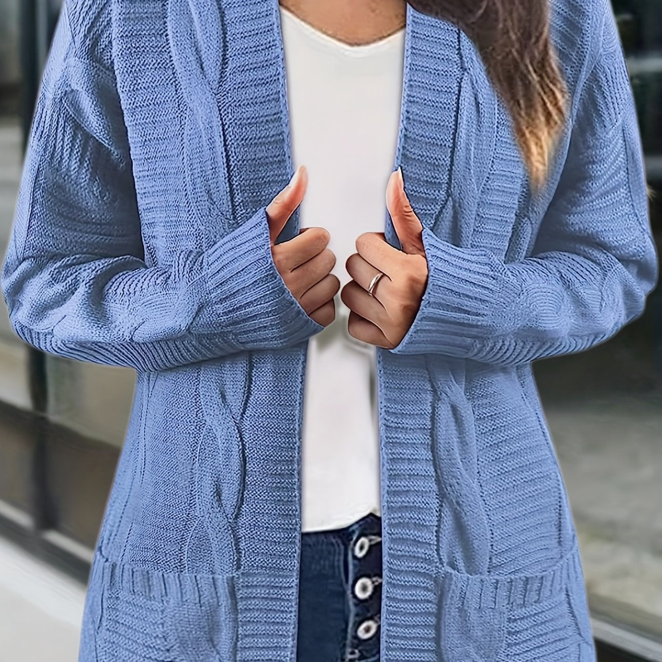 Sixsr Solid Cable Knit Cardigan, Casual Open Front Long Sleeve Sweater, Women's Clothing