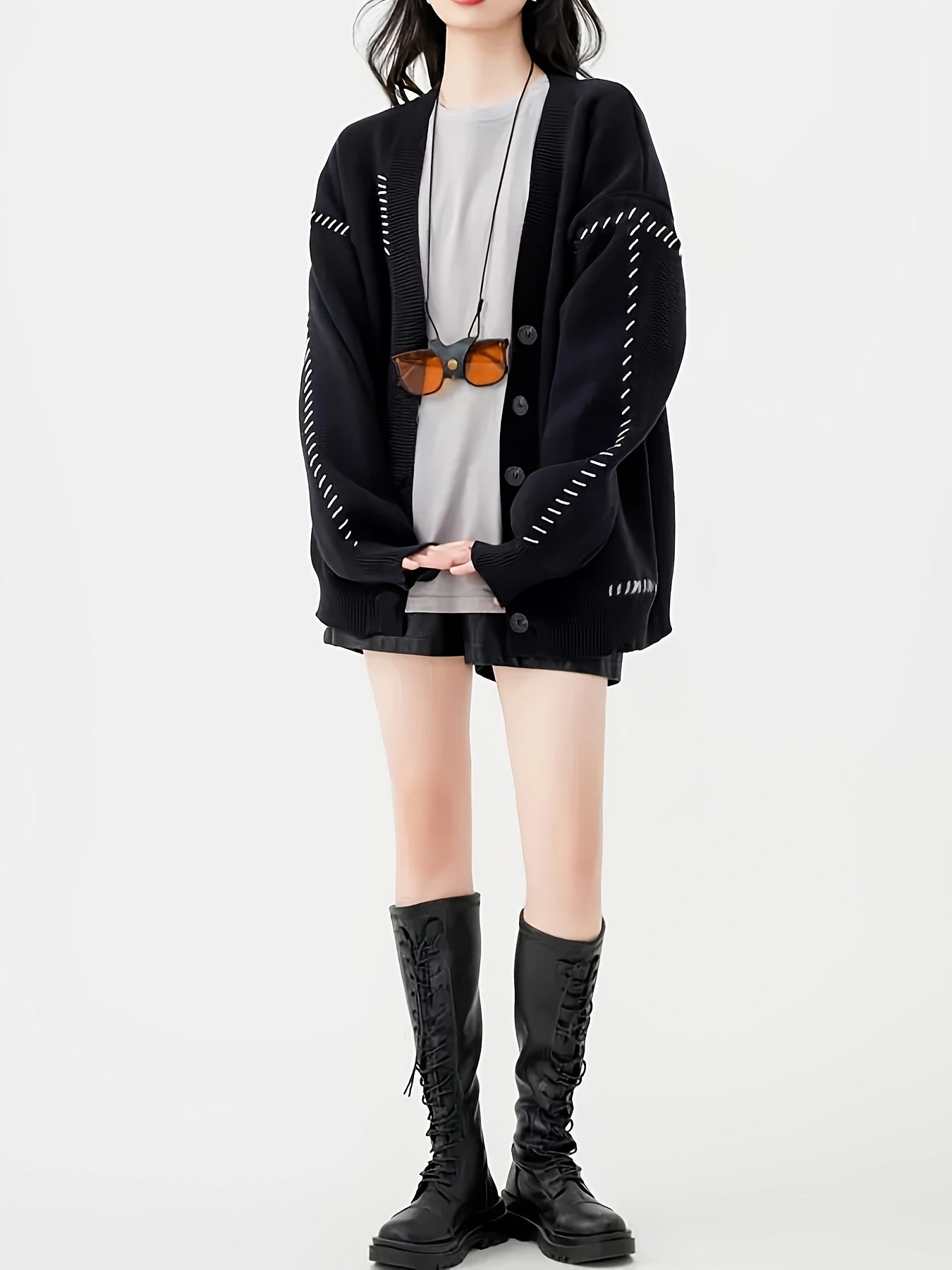 Sixsr Y2K Solid Button Front Cardigan, Casual Long Sleeve Cardigan For Spring & Fall, Women's Clothing