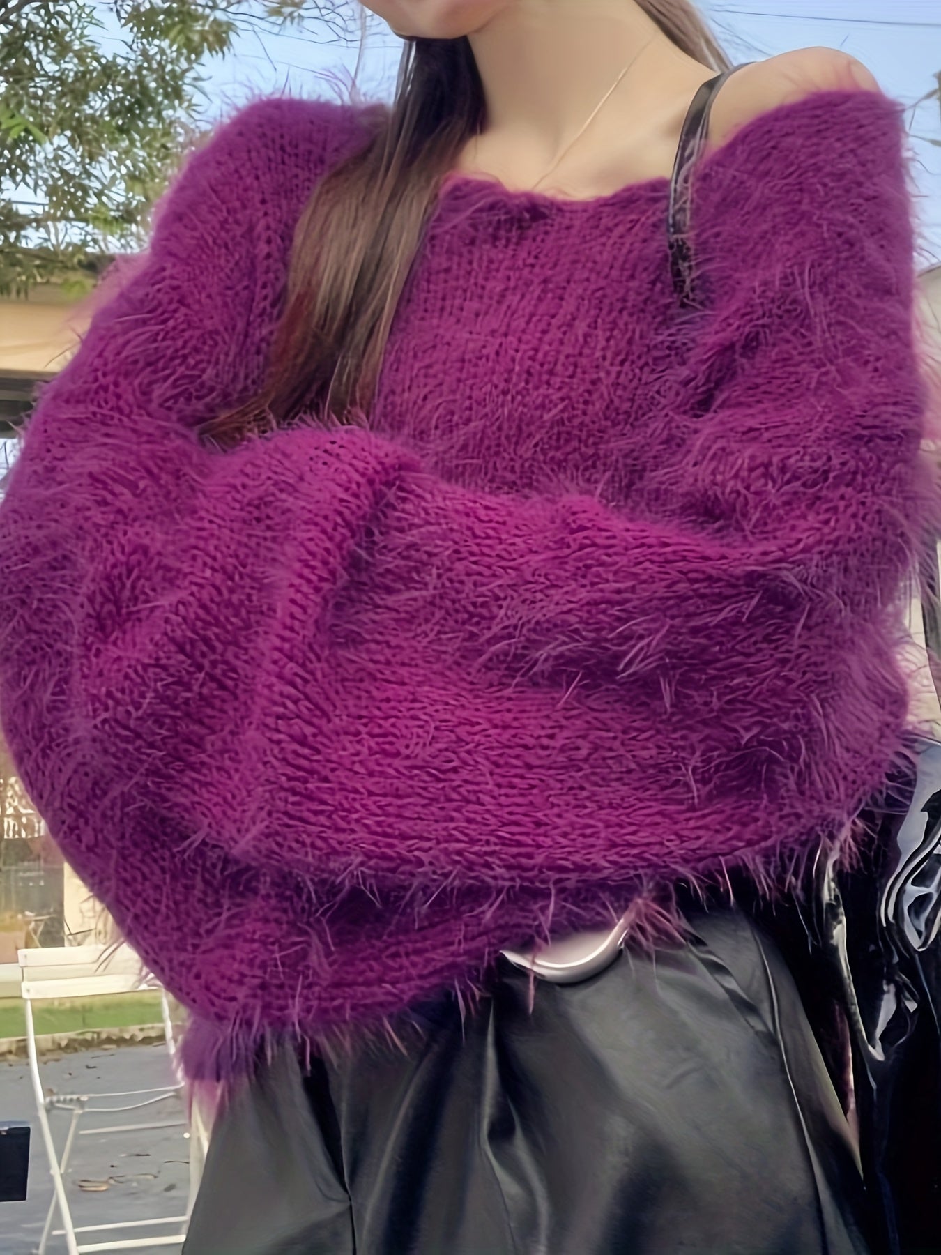 Sixsr Solid Crew Neck Plush Pullover Sweater, Casual Long Sleeve Loose Cozy Sweater, Women's Clothing