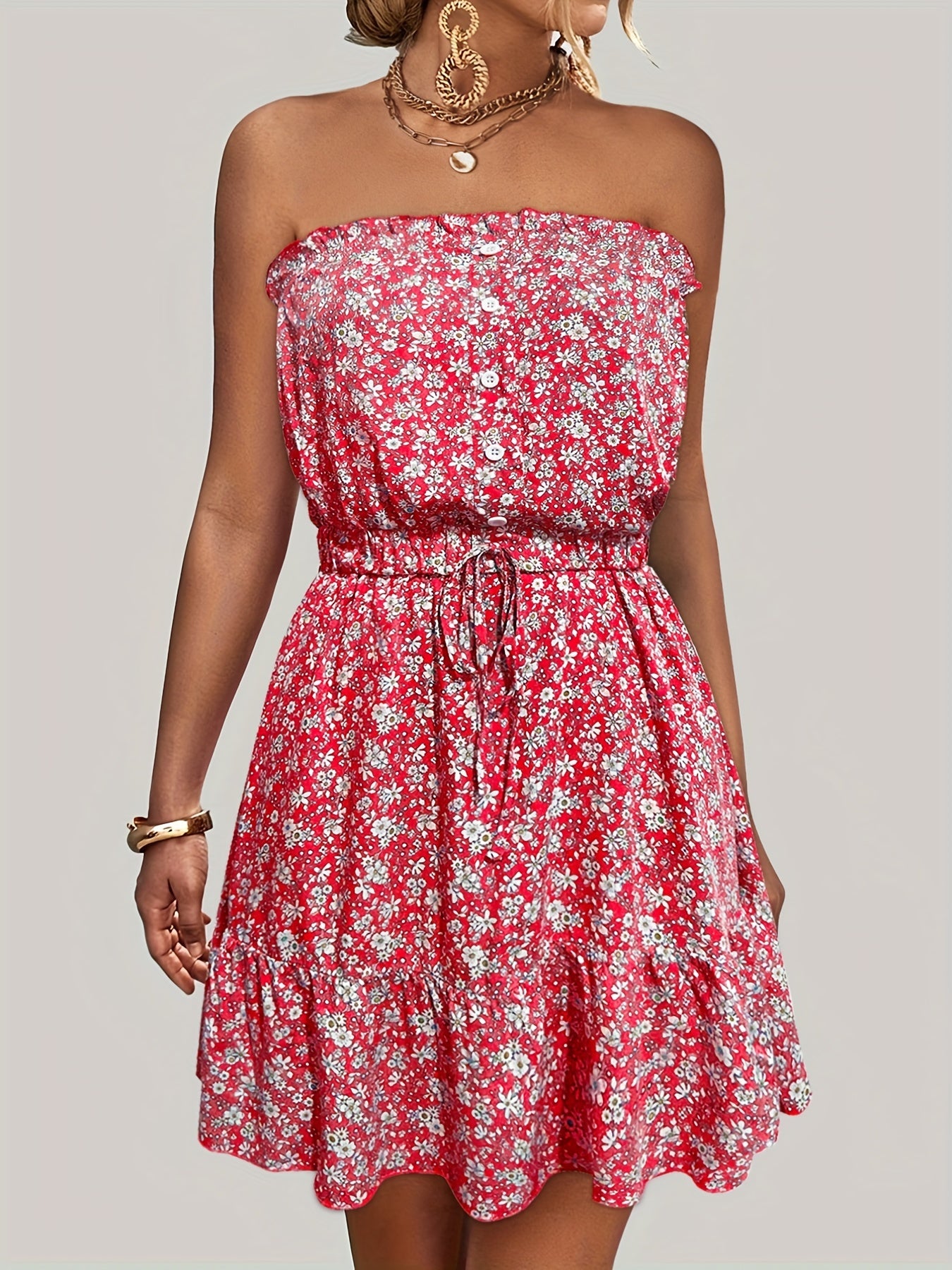Sixsr Ditsy Floral Off Shoulder Dress, Sexy Sleeveless Drawstring Summer Dress, Women's Clothing