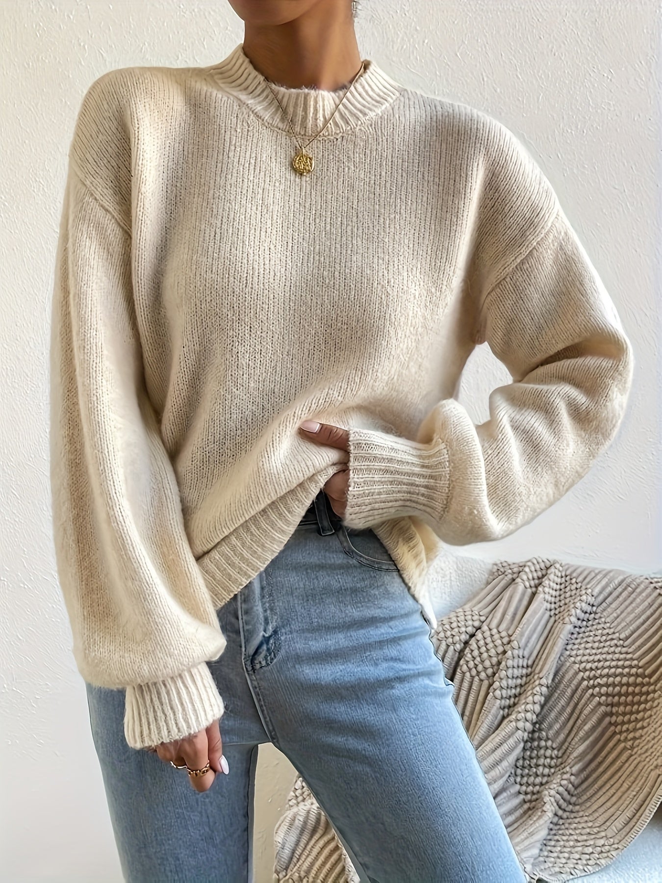Sixsr Solid Crew Neck Pullover Sweater, Casual Long Sleeve Sweater For Fall & Winter, Women's Clothing