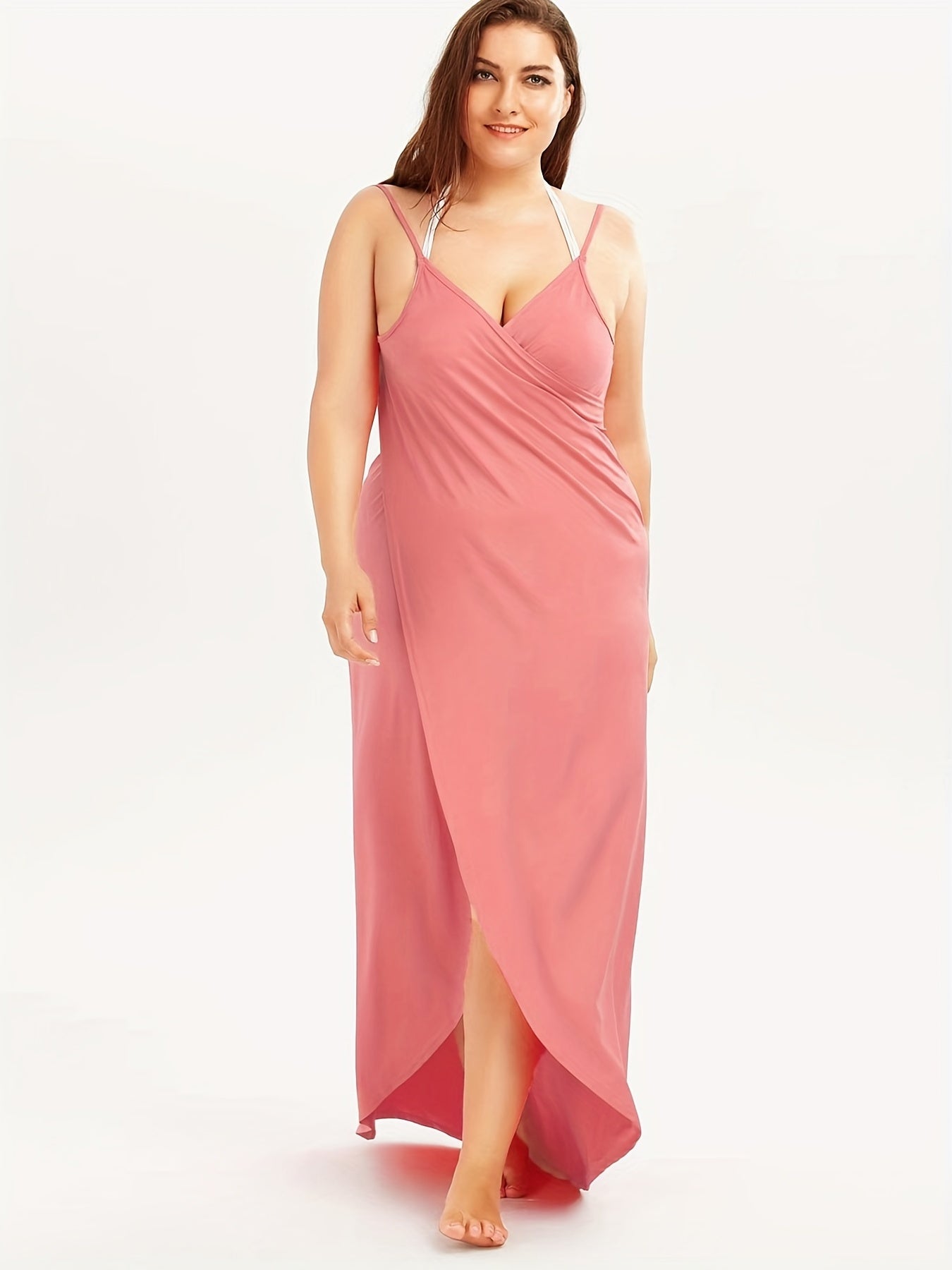 Sixsr Plus Size Casual Summer Dress, Women's Plus Solid Surplice Neck Slight Stretch Maxi Wrap Cami Dress