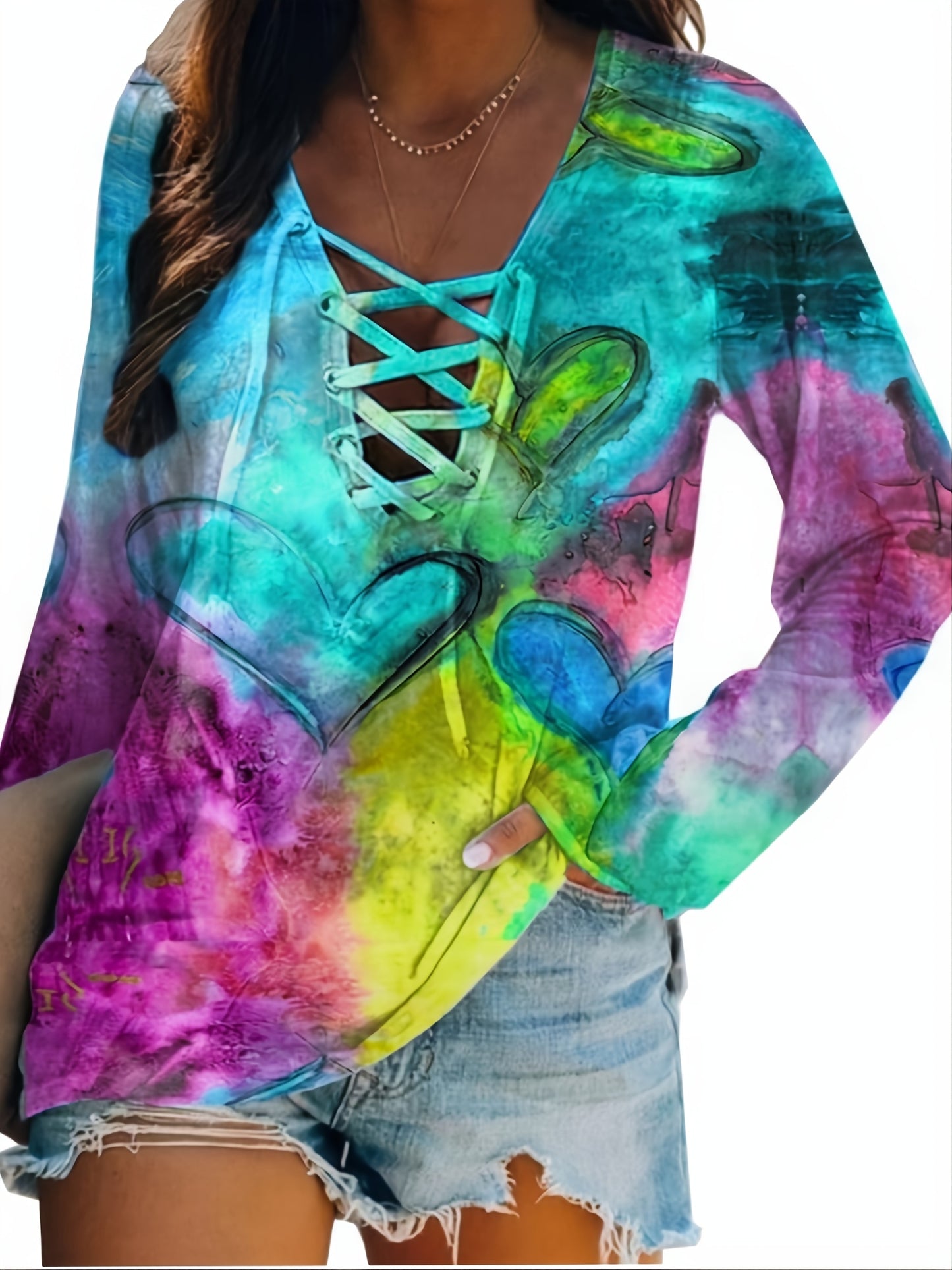 Tie Dye Criss Cross V Neck Long Sleeve T-shirt, Casual Spring & Fall Loose T-shirt, Women's Clothing