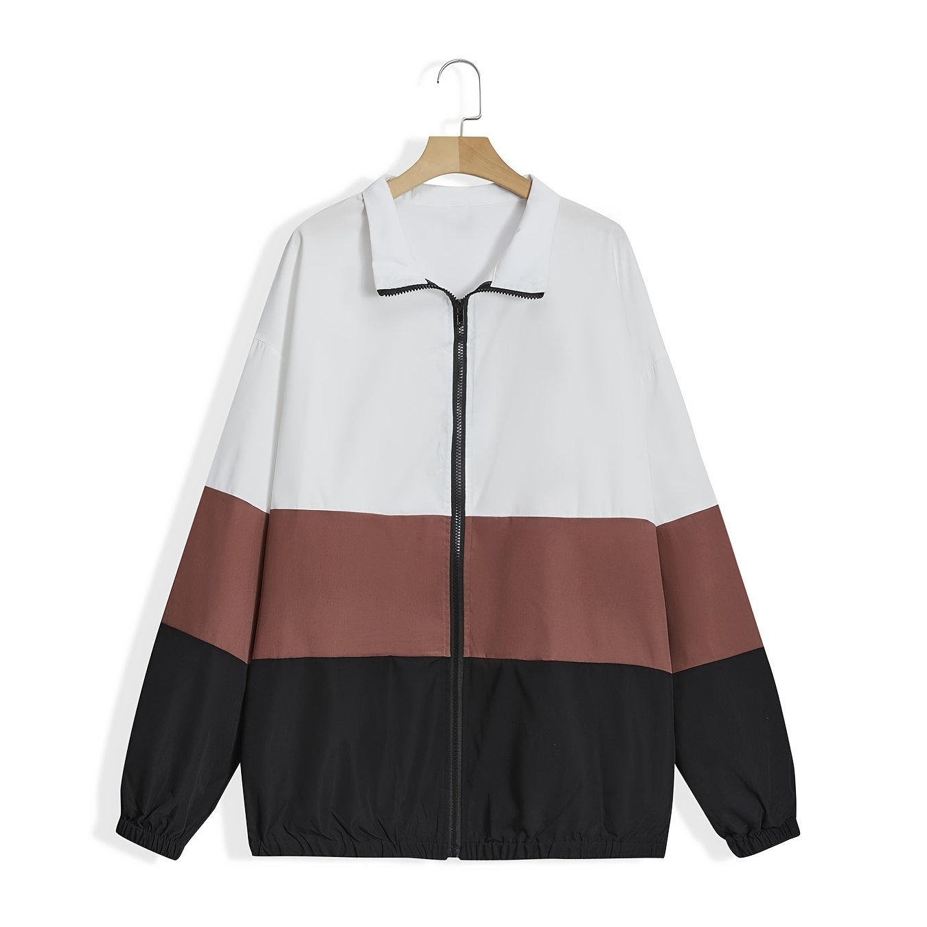 Sixsr Plus Size Colorblock Zipper Front Lapel Jacket, Women's Plus Casual Long Sleeve Fall Jacket