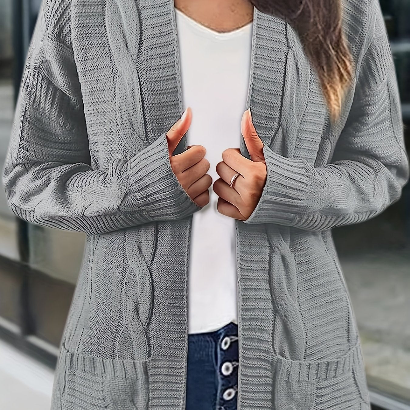 Sixsr Solid Cable Knit Cardigan, Casual Open Front Long Sleeve Sweater, Women's Clothing