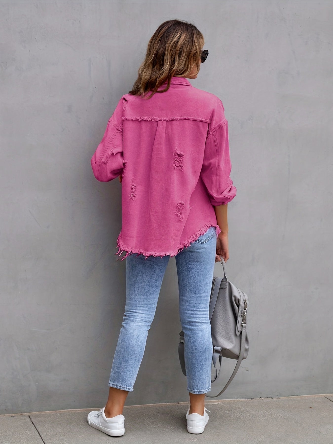 Sixsr Plain Ripped Holes Denim Jackets, Long Sleeves Frayed Hem Casual Lapel Denim Coats, Women's Denim Clothing