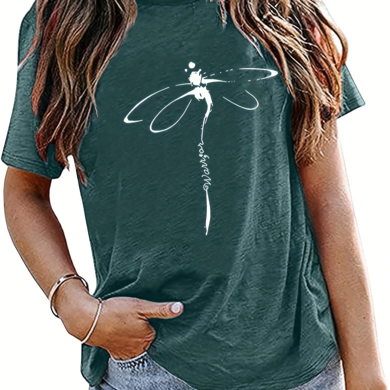 Sixsr Dragonfly Print Crew Neck T-Shirt, Casual Short Sleeve T-Shirt For Spring & Summer, Women's Clothing