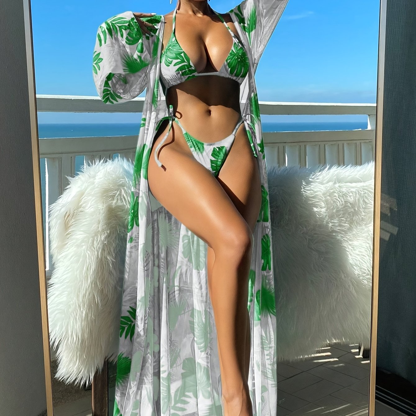 Sixsr Tropical Leaf Print Stretchy 3 Piece Set Bikini With Long Sleeve Kimono, Halter Stretchy Tie Strap Swimsuits, Women's Swimwear & Clothing