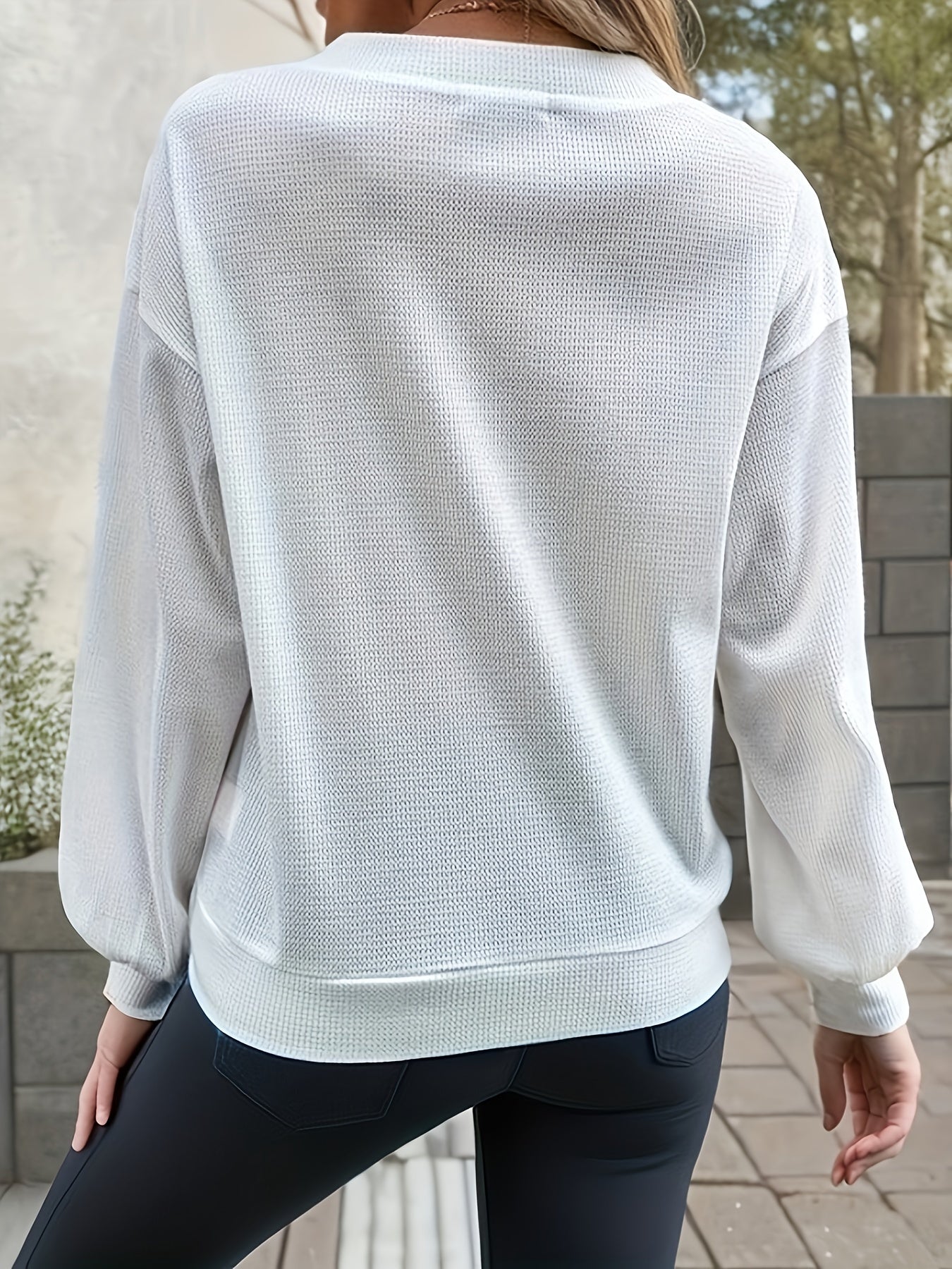 Sixsr Plus Size Casual Sweatshirt, Women's Plus Solid Waffle Button Detail Long Sleeve V Neck Slight Stretch Pullover Sweatshirt, Casual Tops For Fall & Winter, Plus Size Women's Clothing