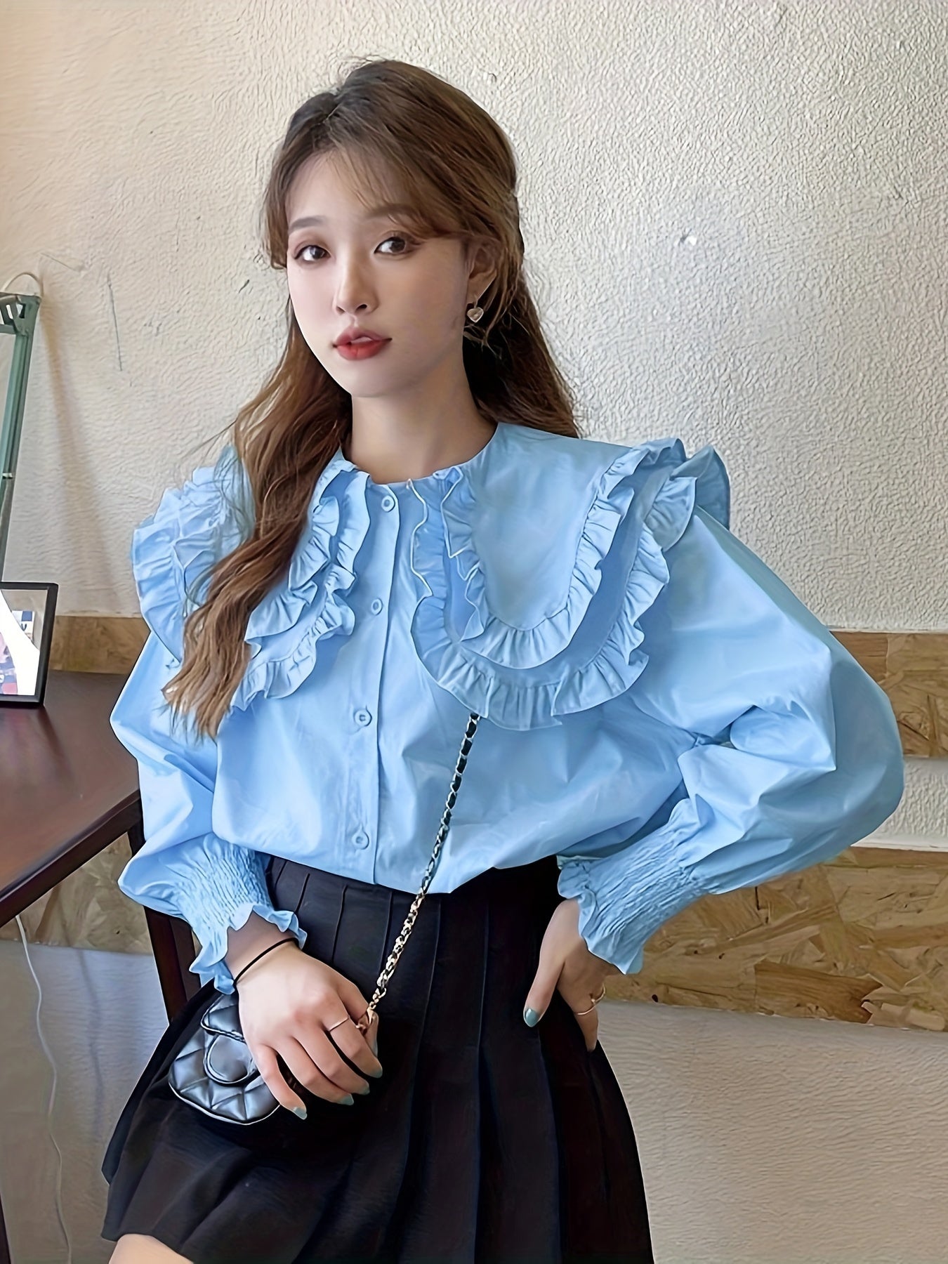 Sixsr Solid Lapel Collar Lettuce Trim Blouse, Long Sleeve Button Up Casual Blouse, Women's Clothing