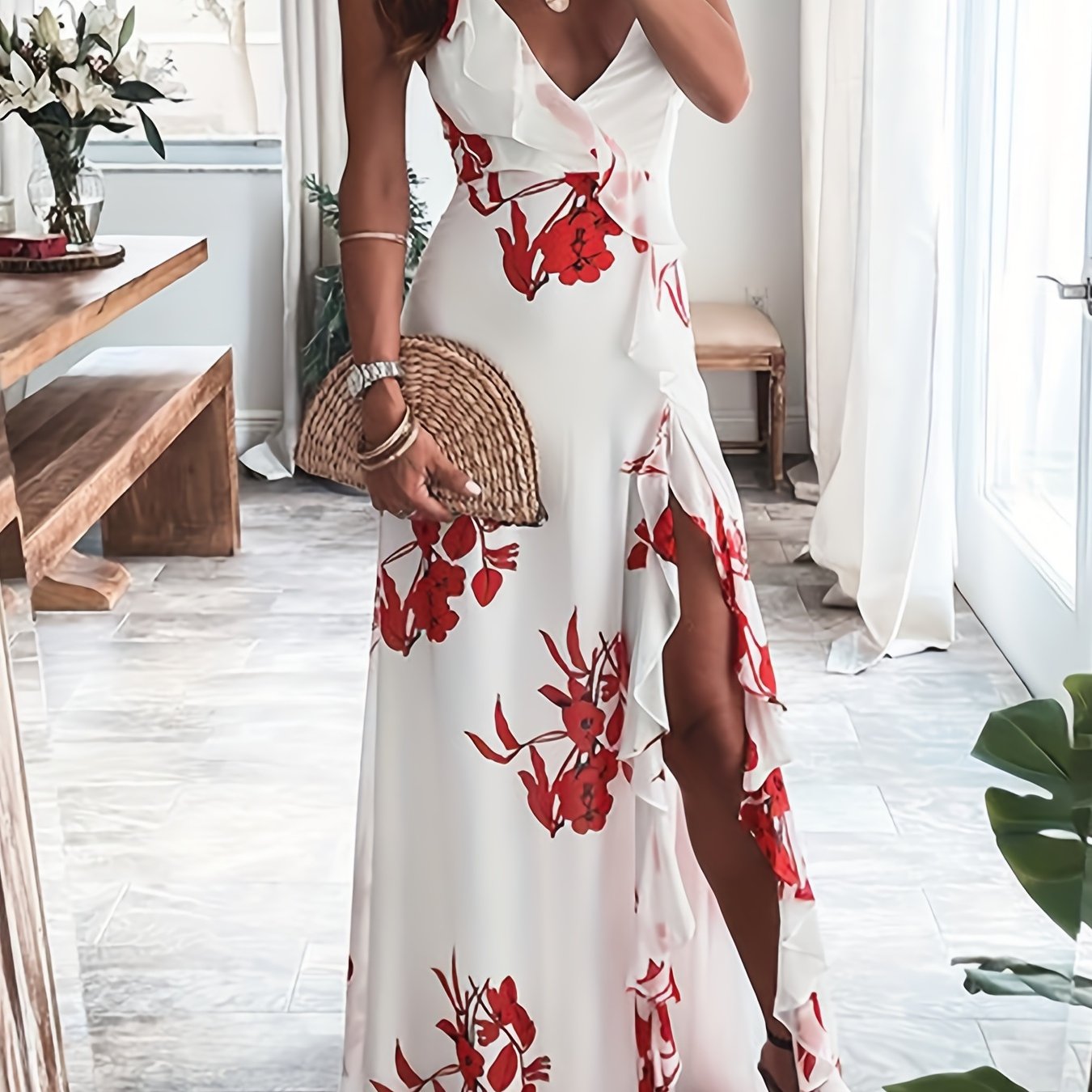 Floral Print Ruffle Trim Dress, Casual Split Thigh V Neck Dress, Women's Clothing