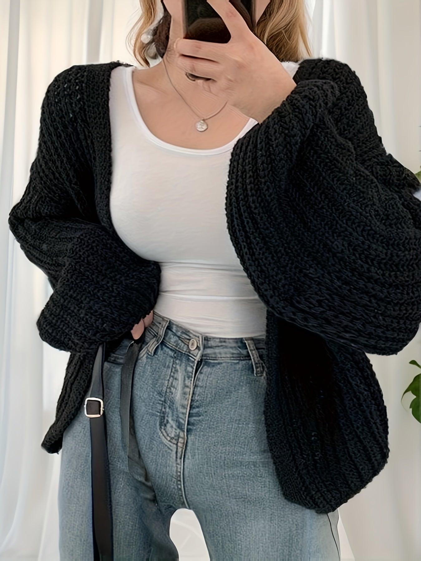 Sixsr Solid Ope Front Chunky Knit Cardigan, Casual Long Sleeve Loose Sweater, Women's Clothing