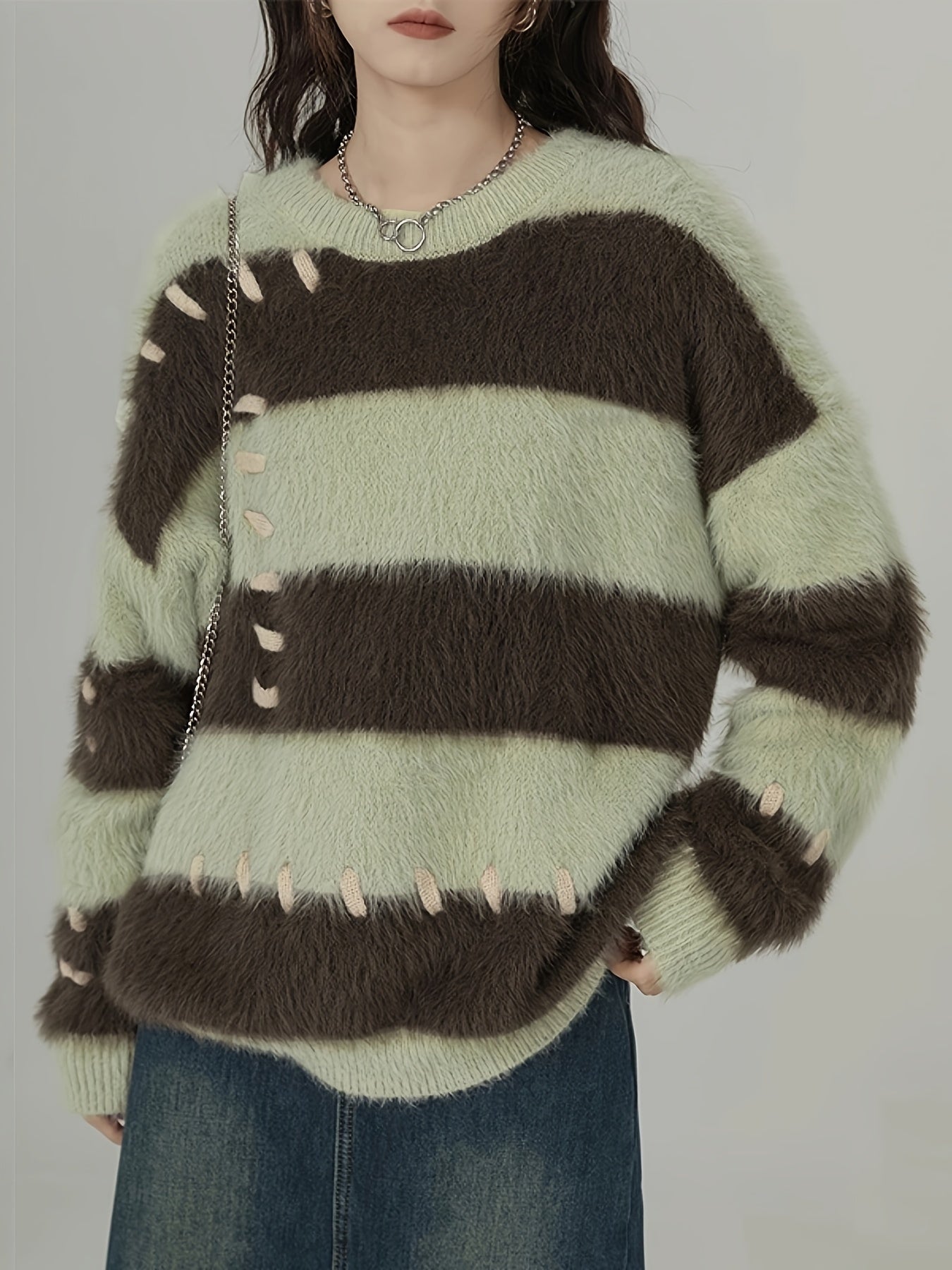 Sixsr Color Block Knitted Pullover Sweater, Casual Long Sleeve Sweater For Fall & Winter, Women's Clothing