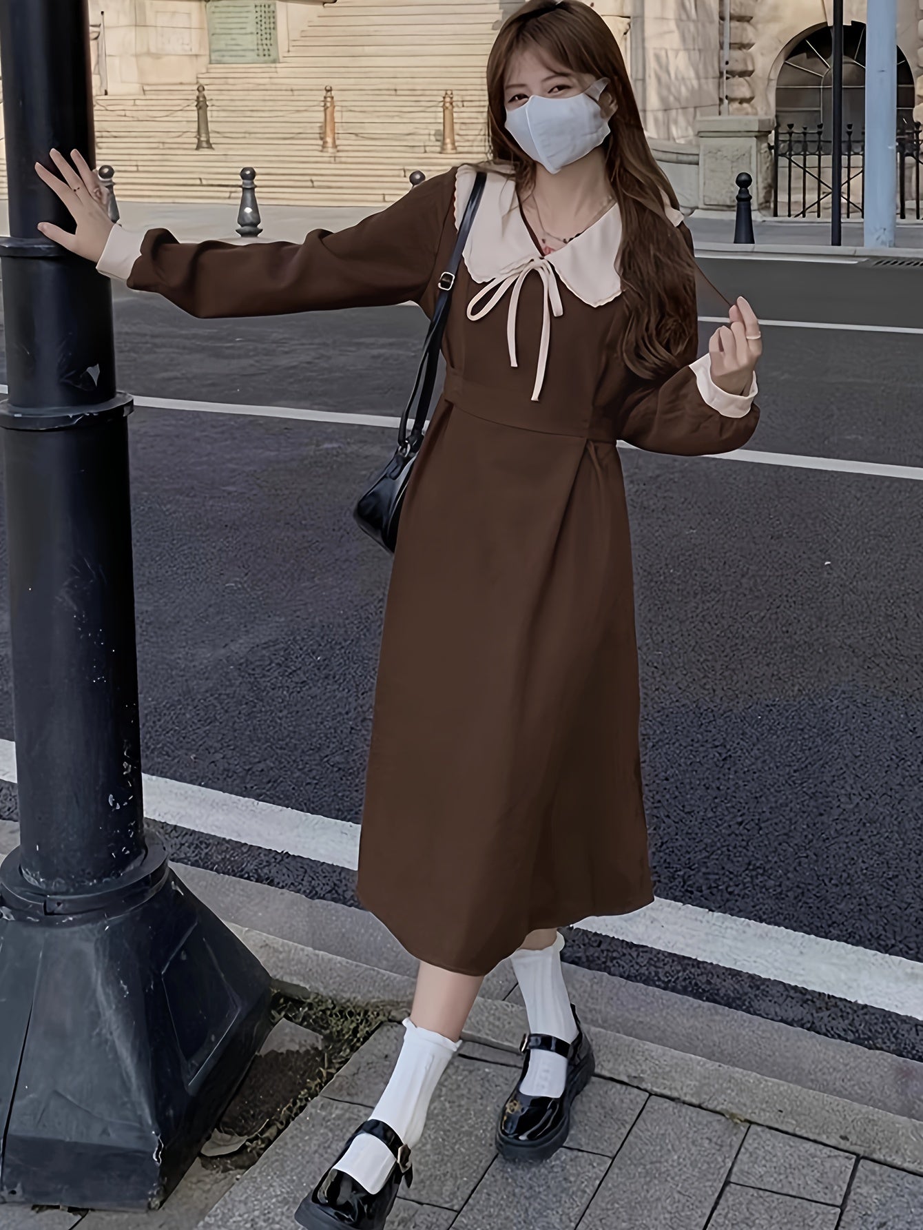 Sixsr Color Block Peter Pan Collar Dress, Casual Long Sleeve A-line Tied Dress, Women's Clothing