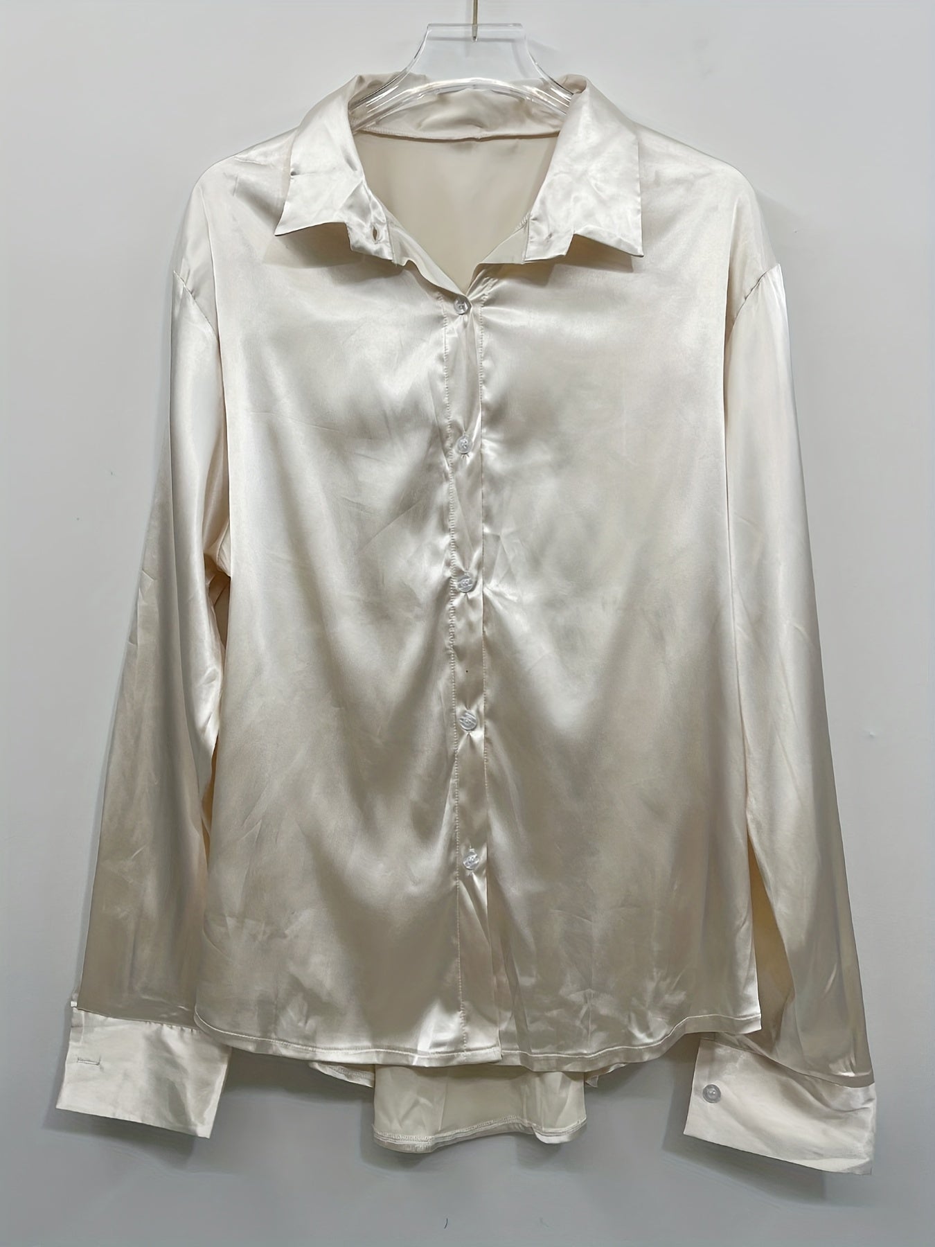 Sixsr Plus Size Casual Top, Women's Plus Solid Satin Button Up Long Sleeve Turn Down Collar Blouse