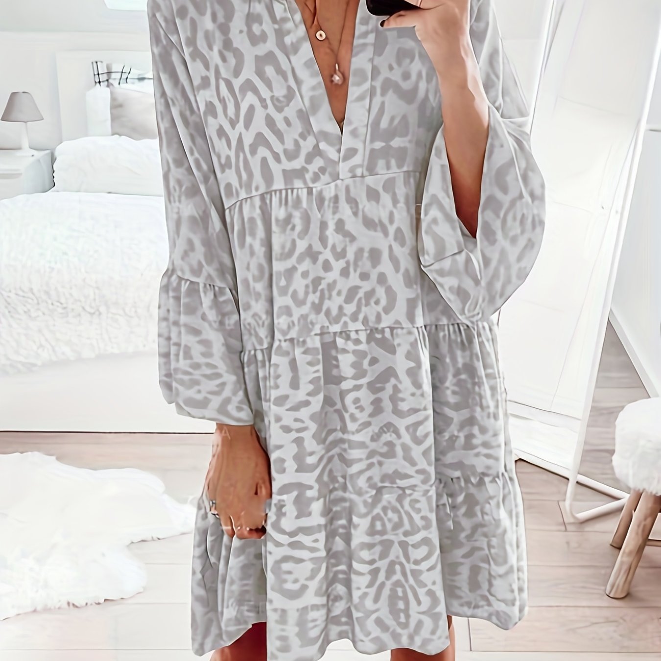 Sixsr Leopard Print Ruffle Hem Dress, Casual V Neck Long Sleeve Dress, Women's Clothing