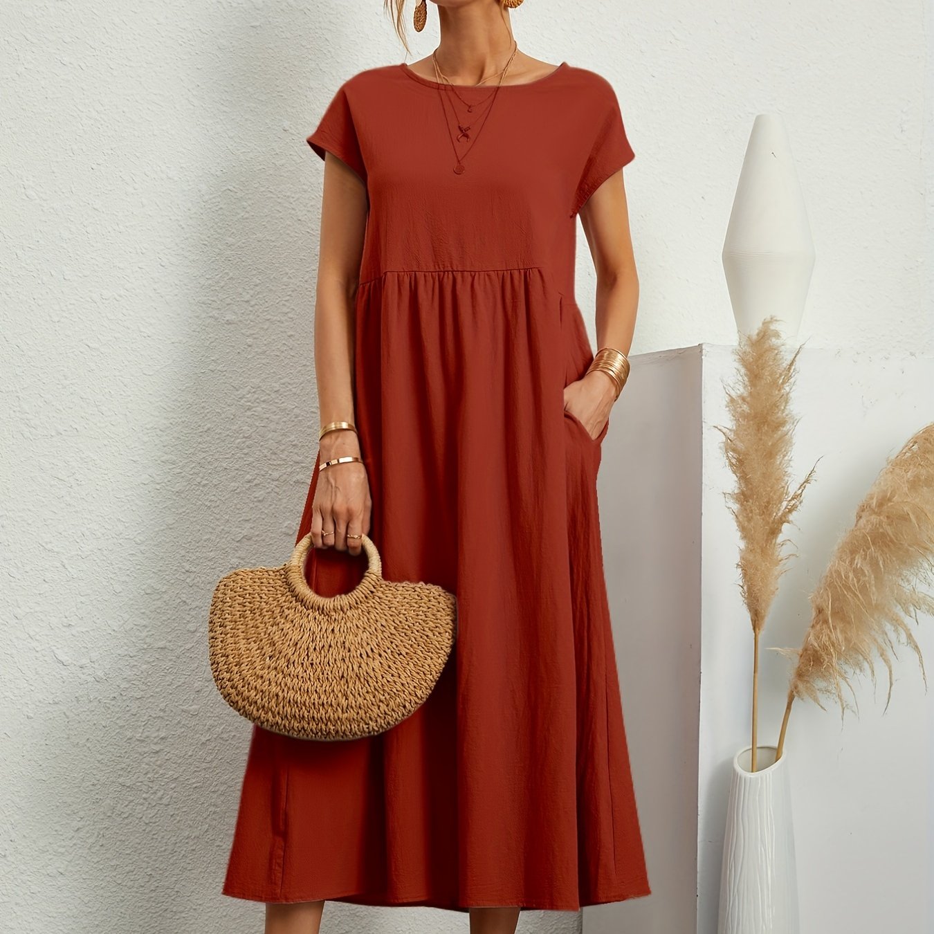 Sixsr Loose Pocket Solid Dress, Casual Short Sleeve Crew Neck Waist Summer Dress, Women's Clothing
