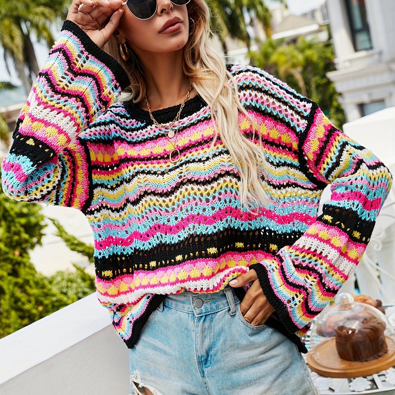 Sixsr Hollow Striped Knit Sweater, Casual Crew Neck Long Sleeve Sweater, Women's Clothing