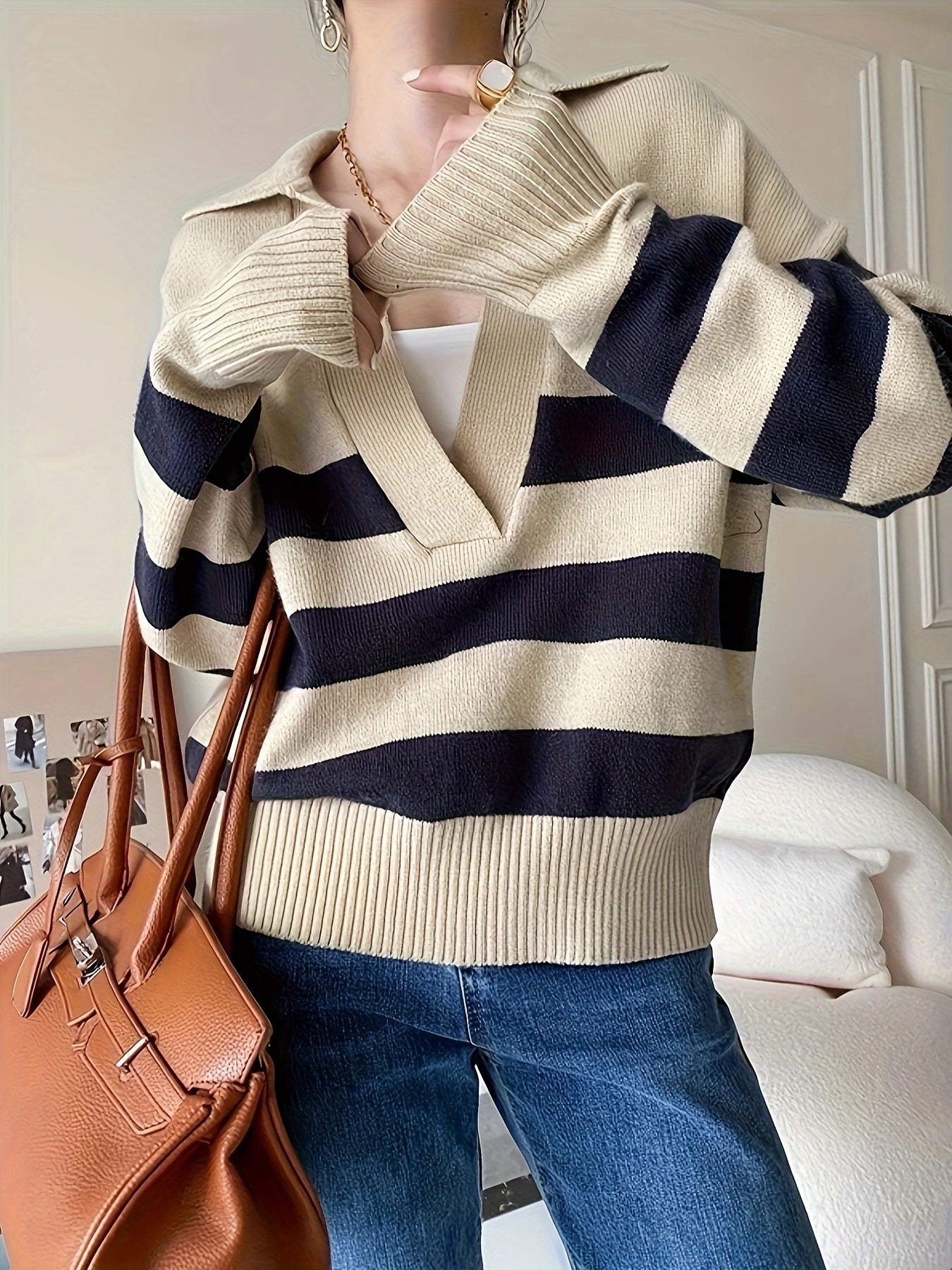 Sixsr Striped V Neck Pullover Sweater, Casual Long Sleeve Drop Shoulder Sweater, Women's Clothing