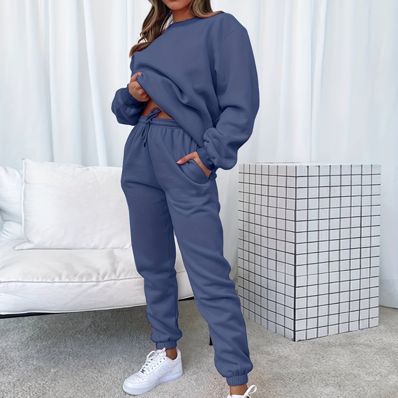 Sixsr Solid Casual Two-piece Set, Long Sleeve Crew Neck Sweatshirt & Drawstring Waist Jogger Pants Outfits, Women's Clothing