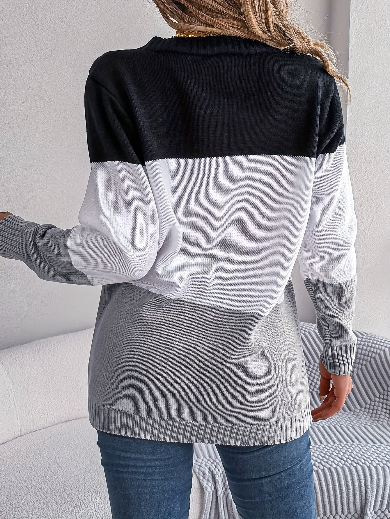 Sixsr Color Block Button Down Cable Knit Cardigan, Casual Long Sleeve V Neck Sweater, Women's Clothing