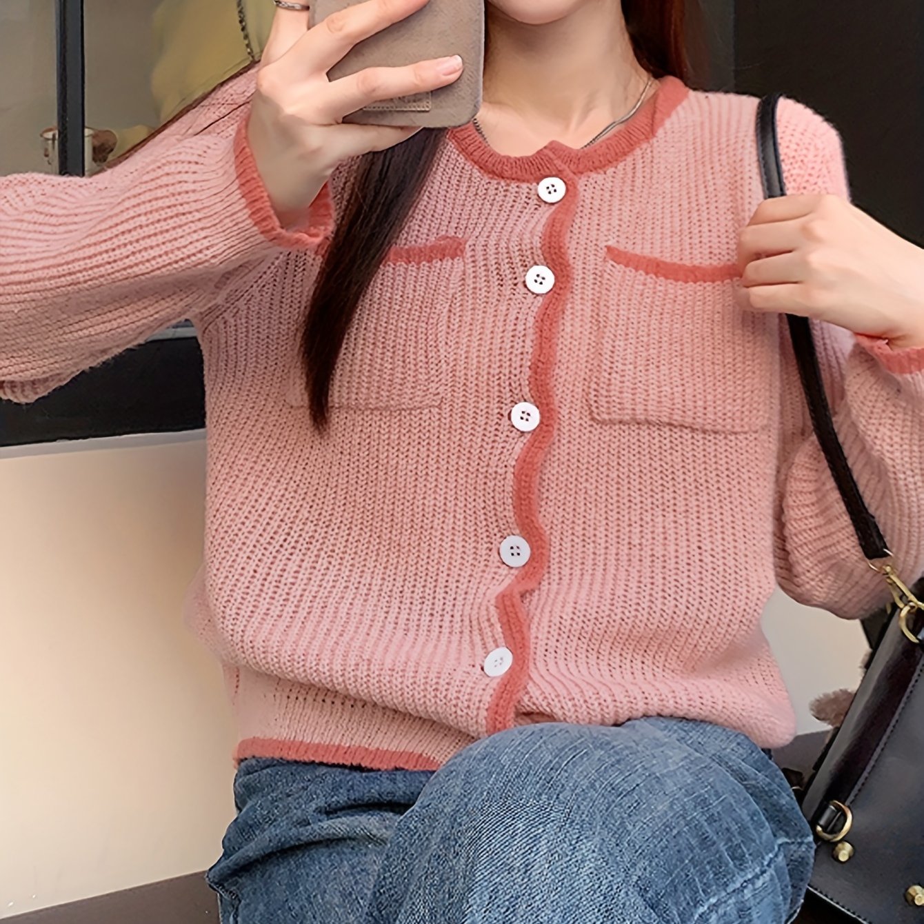 Sixsr Contrast Trim Button Front Cardigan, Chic Long Sleeve Dual Pockets Knit Cardigan, Women's Clothing