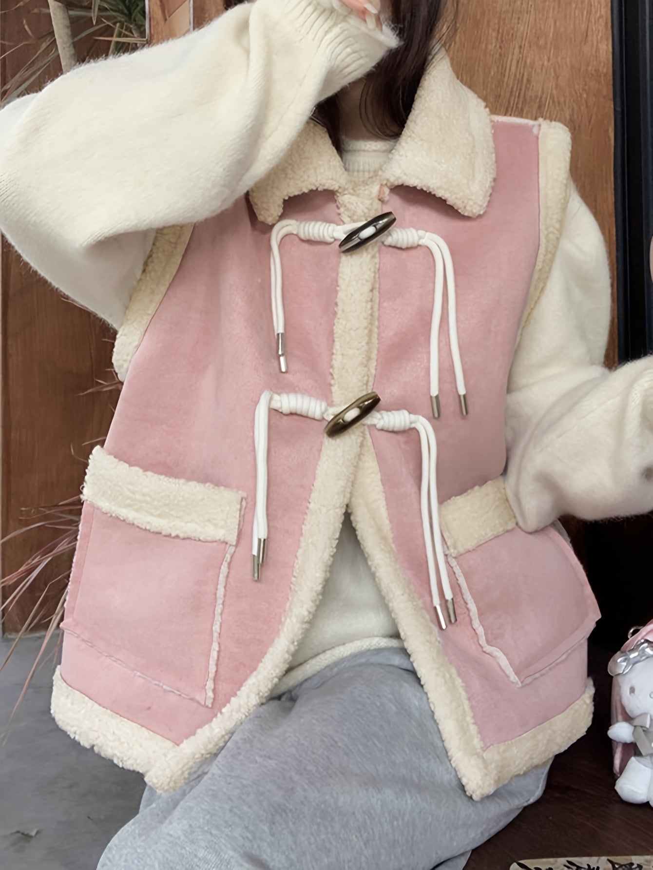 Sixsr Fuzzy Trim Solid Vest, Casual Buckle Front Sleeveless Warm Vest, Women's Clothing