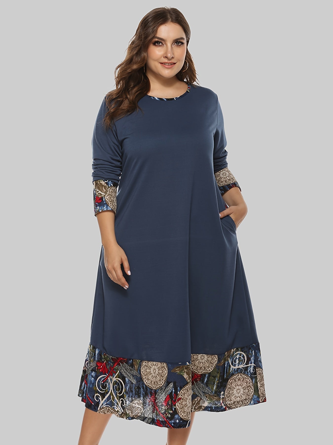 Sixsr Plus Size Colorblock Long Sleeve Maxi Dress, Women's Plus Round Neck Casual Long Dress