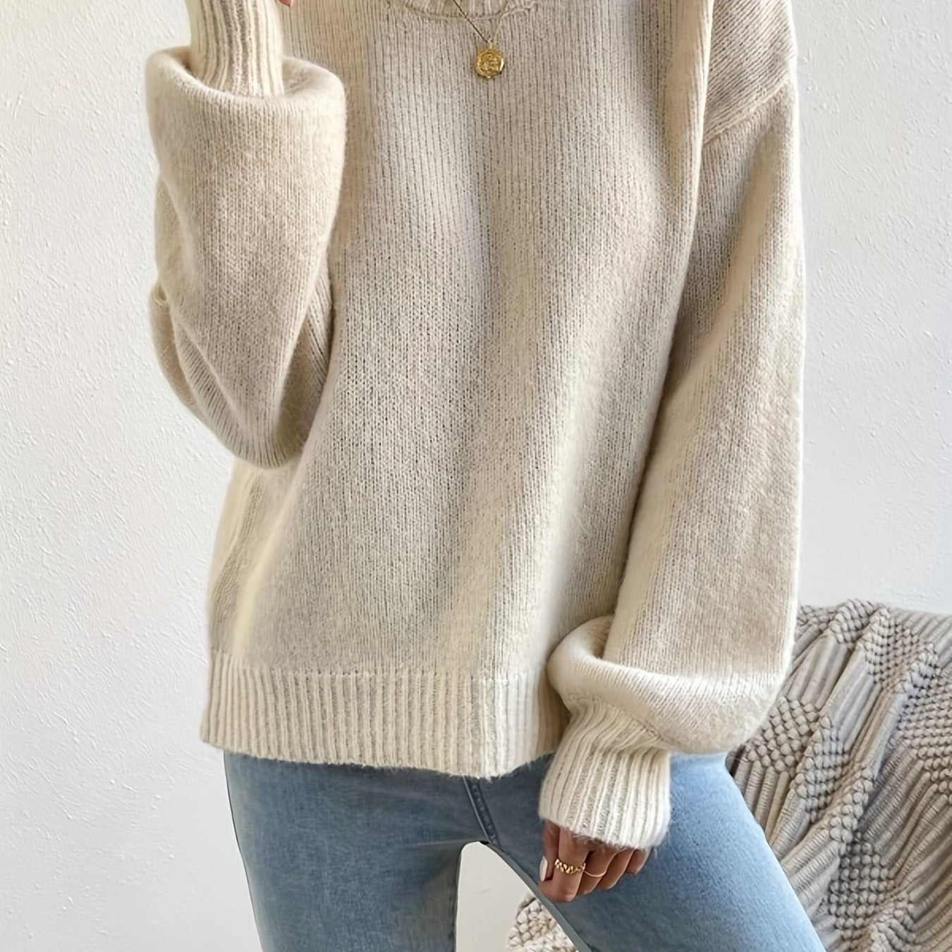 Sixsr Solid Crew Neck Pullover Sweater, Casual Long Sleeve Sweater For Fall & Winter, Women's Clothing