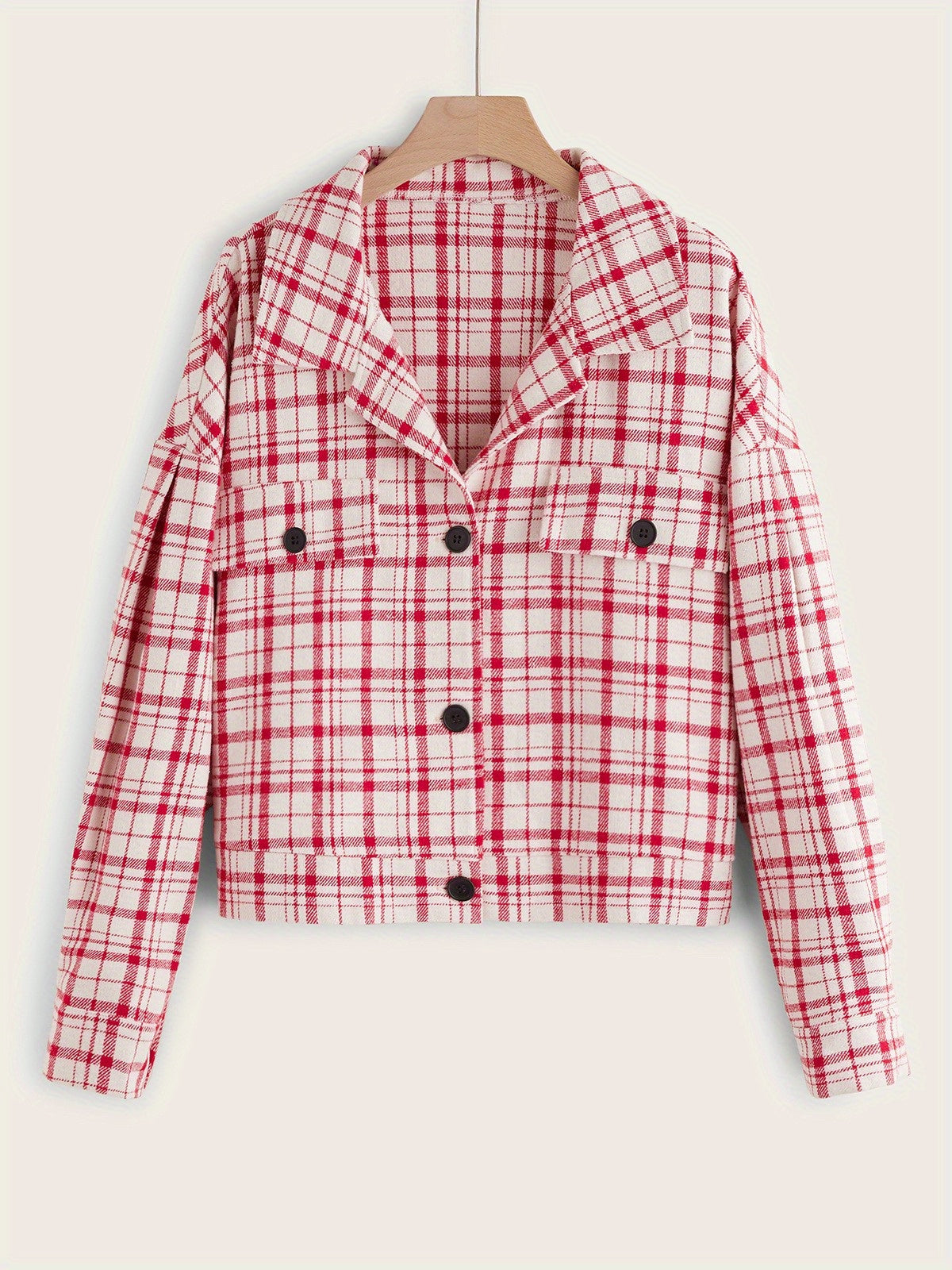 Sixsr Plus Size Elegant Coat, Women's Plus Gingham Print Long Sleeve Button Up Turn Down Collar Coat