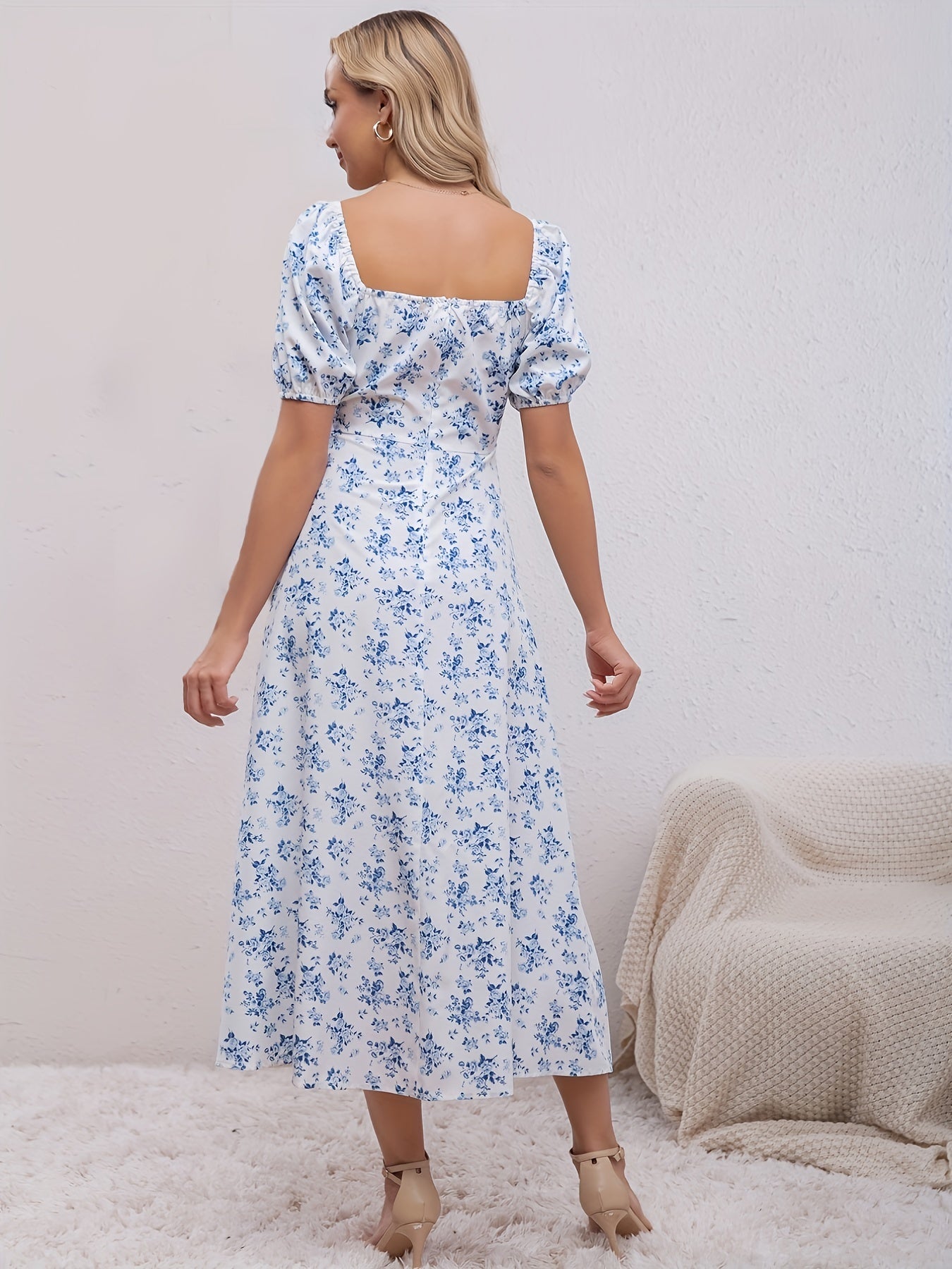Sixsr Floral Print Dress, Square Neck Side Slit Casual Dress For Summer & Spring, Women's Clothing