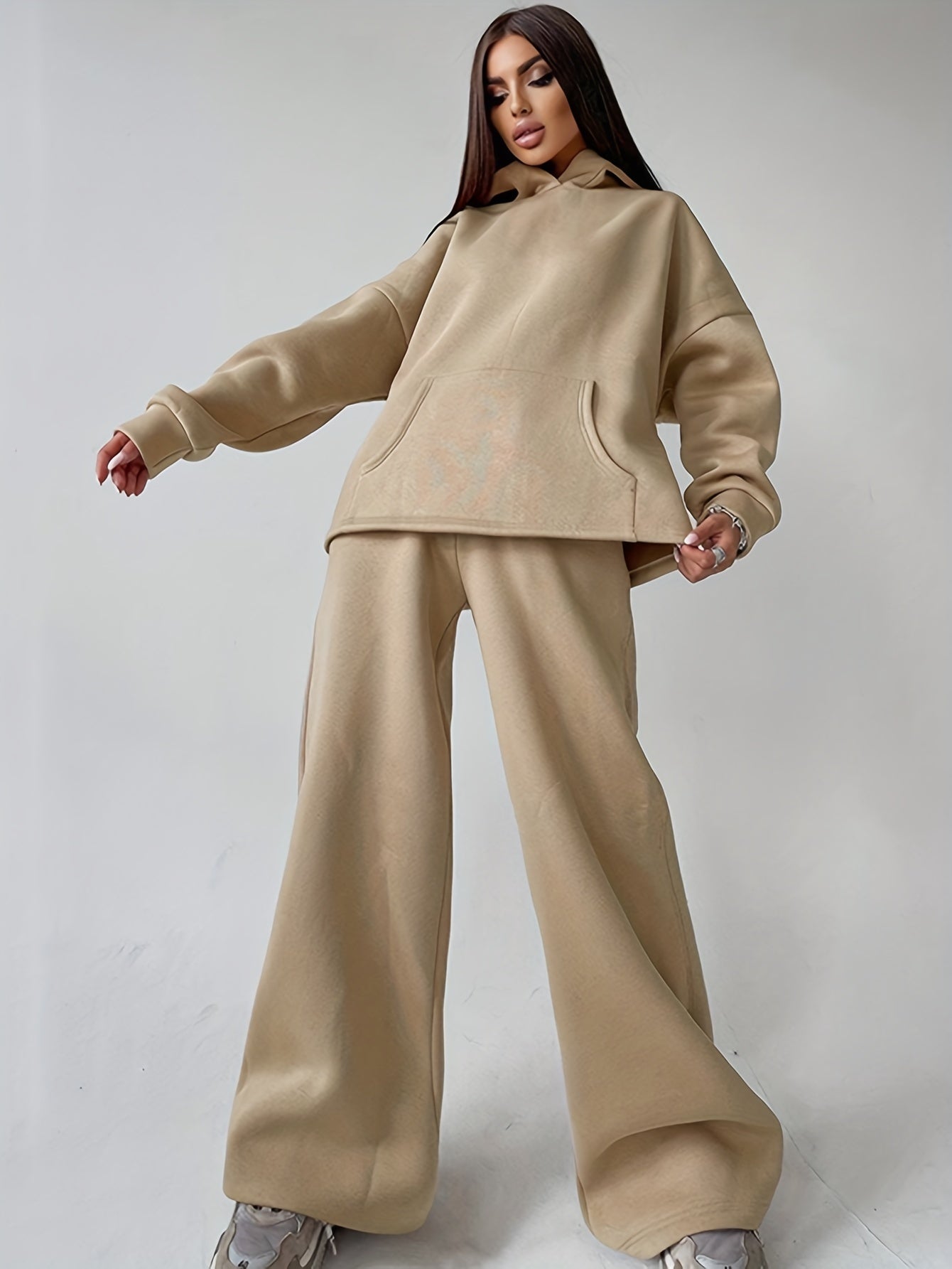 Sixsr Solid Casual Two-piece Set, Long Sleeve Loose Hoodies & Long Length Pants Outfits, Women's Clothing
