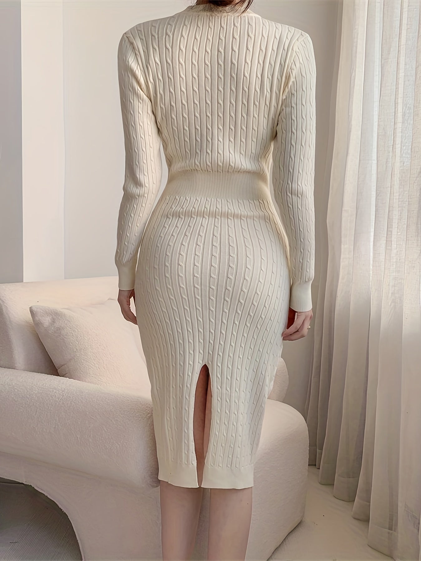 Sixsr Keyhole Sweater Dress, Elegant Long Sleeve Split Bodycon Dress, Women's Clothing