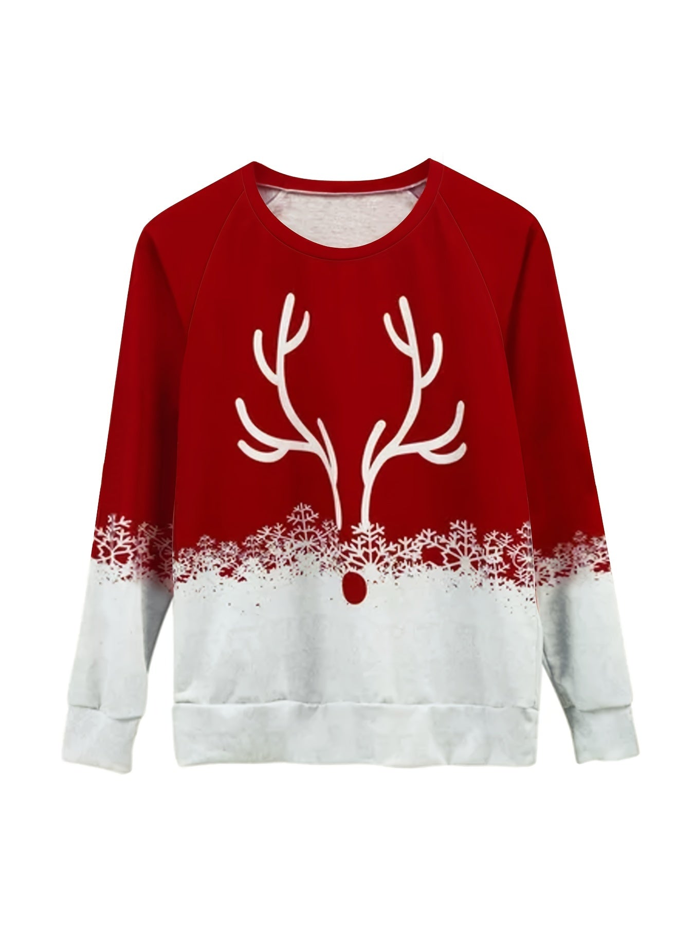 Sixsr Plus Size Christmas Casual Sweatshirt, Women's Plus Snowflake & Antler Print Long Sleeve Round Neck Medium Stretch Pullover Top