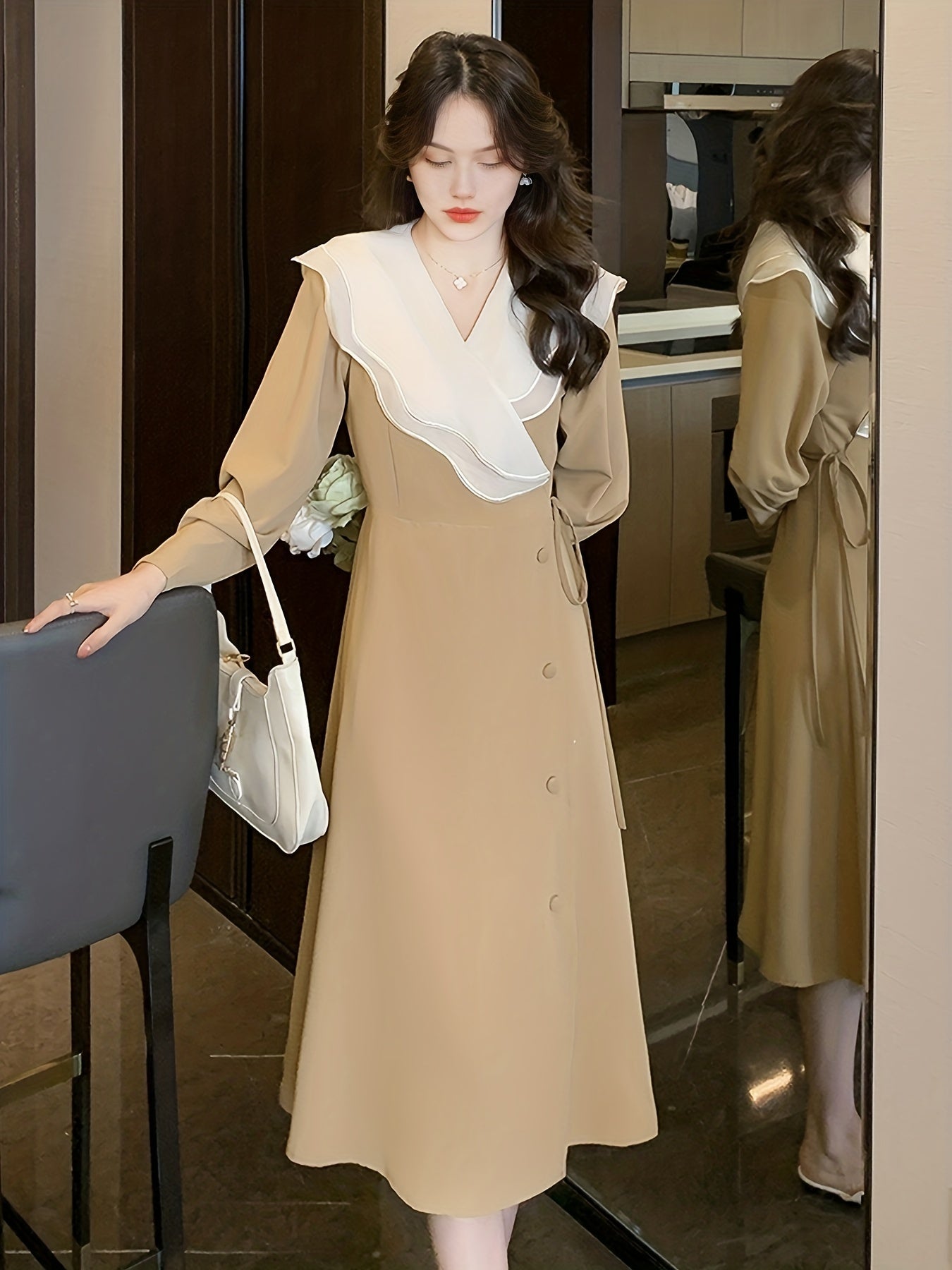 Sixsr Ruffle Trim Surplice Neck Dress, Elegant Long Sleeve Solid Dress, Women's Clothing