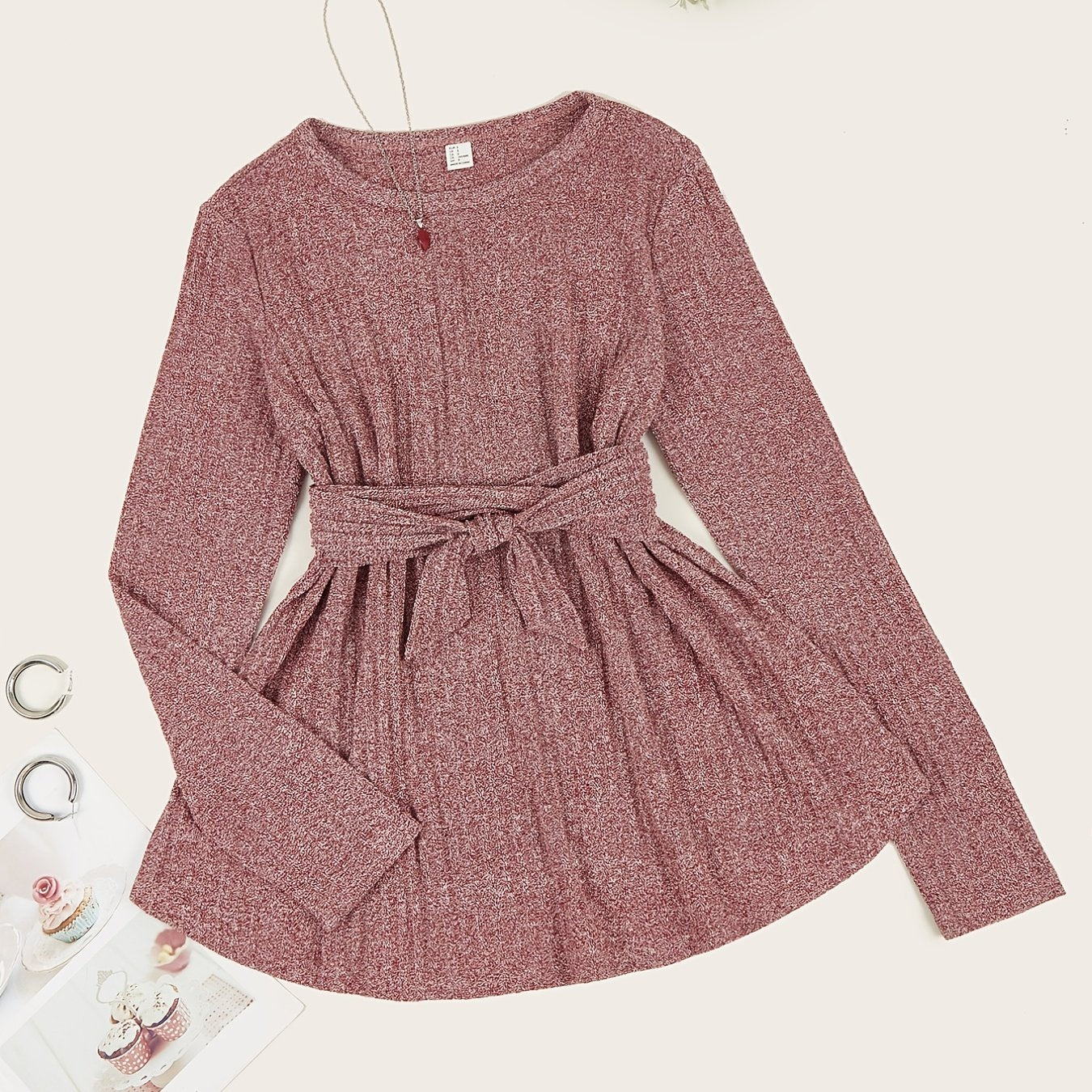 Sixsr Basic Tie Front Ribbed Knit Tee Top, Long Sleeve Solid Crew Neck Top, Casual Every Day Tops, Women's Clothing