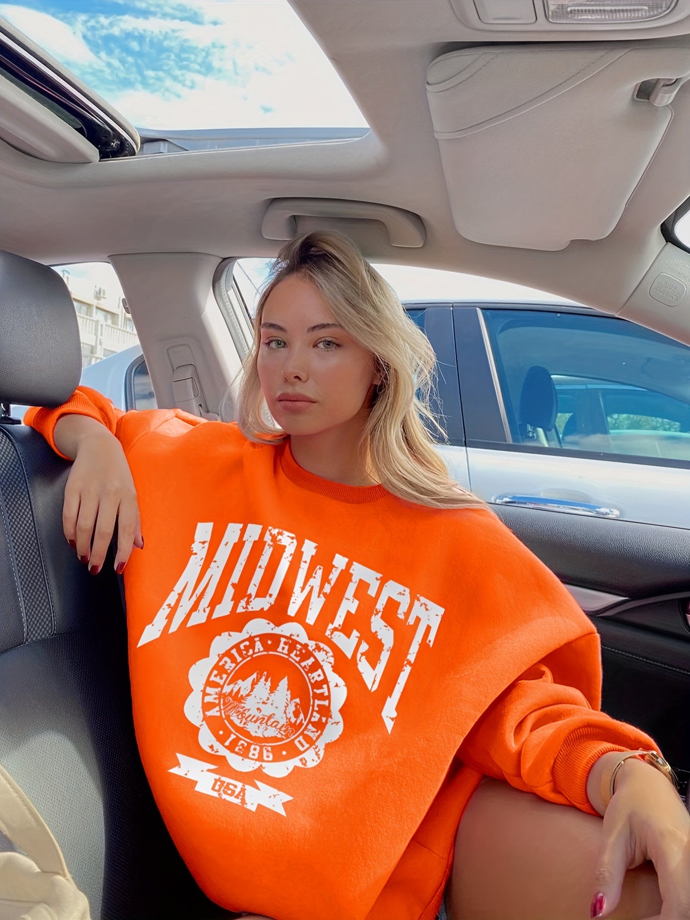 Sixsr Graphic Print Sweatshirt, Casual Crew Neck Drop Shoulder Long Sleeve Sweater, Women's Clothing