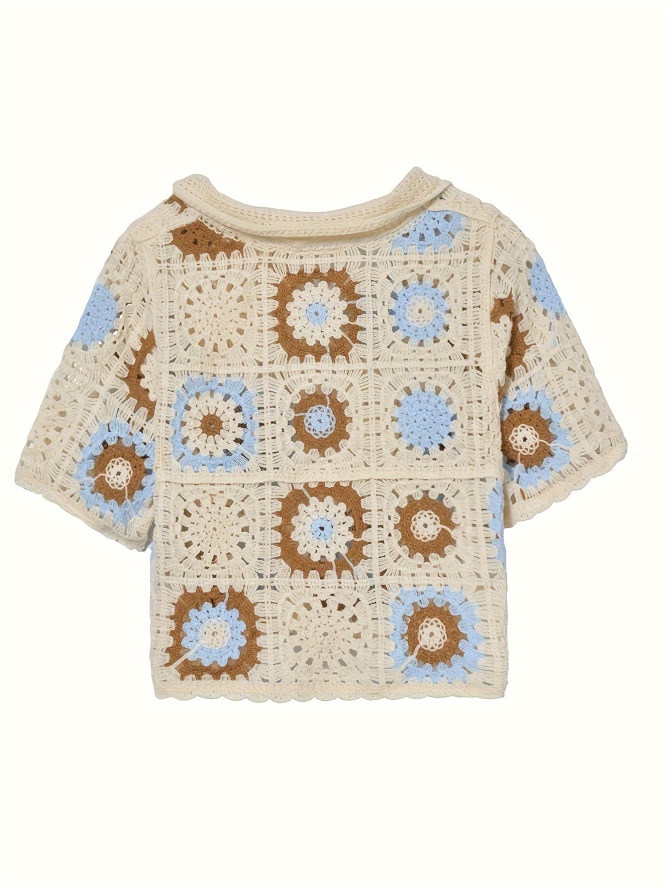 Sixsr Graphic Pattern Hollow Crochet Cardigan, Vintage Button Up Short Sleeve Stylish Top, Women's Clothing