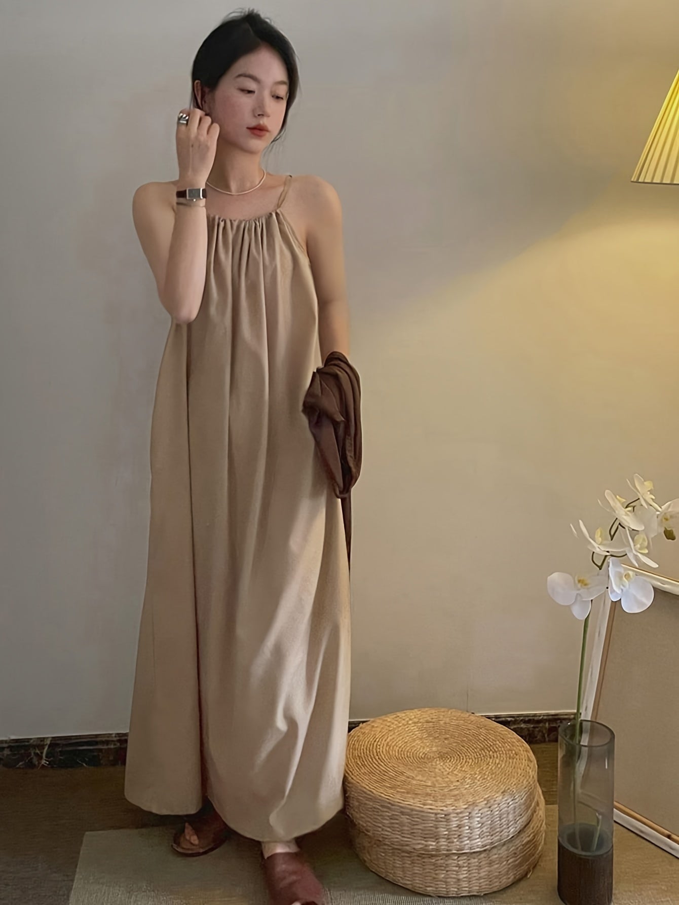 Sixsr Solid Loose Spaghetti Strap Dress, Elegant Sleeveless Cami Dress For Spring & Summer, Women's Clothing
