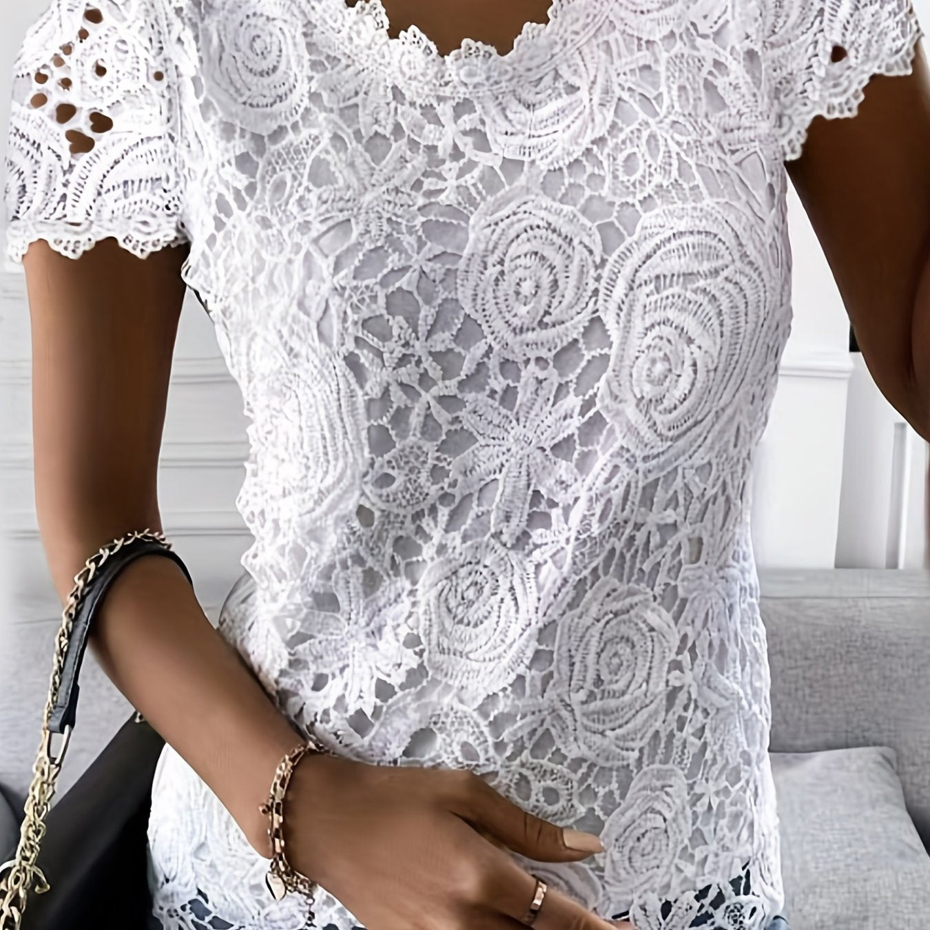 Sixsr Lace Crew Neck T-Shirt, Elegant Short Sleeve T-Shirt For Spring & Summer, Women's Clothing