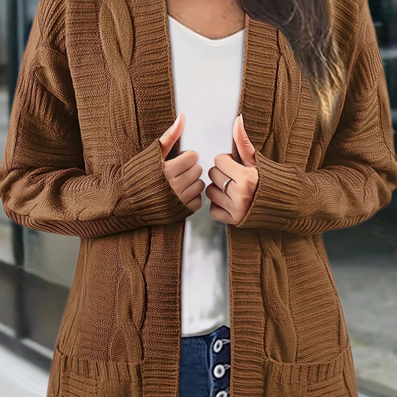 Sixsr Solid Cable Knit Cardigan, Casual Open Front Long Sleeve Sweater, Women's Clothing