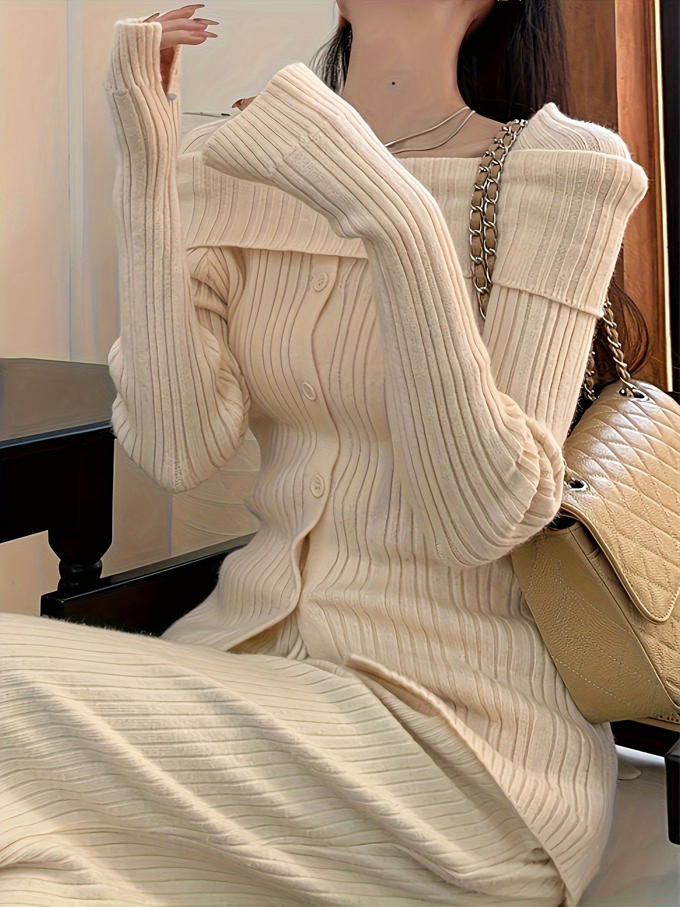 Sixsr Solid Off Shoulder Rib Knit Sweater, Elegant Button Front Long Sleeve Slim Sweater, Women's Clothing