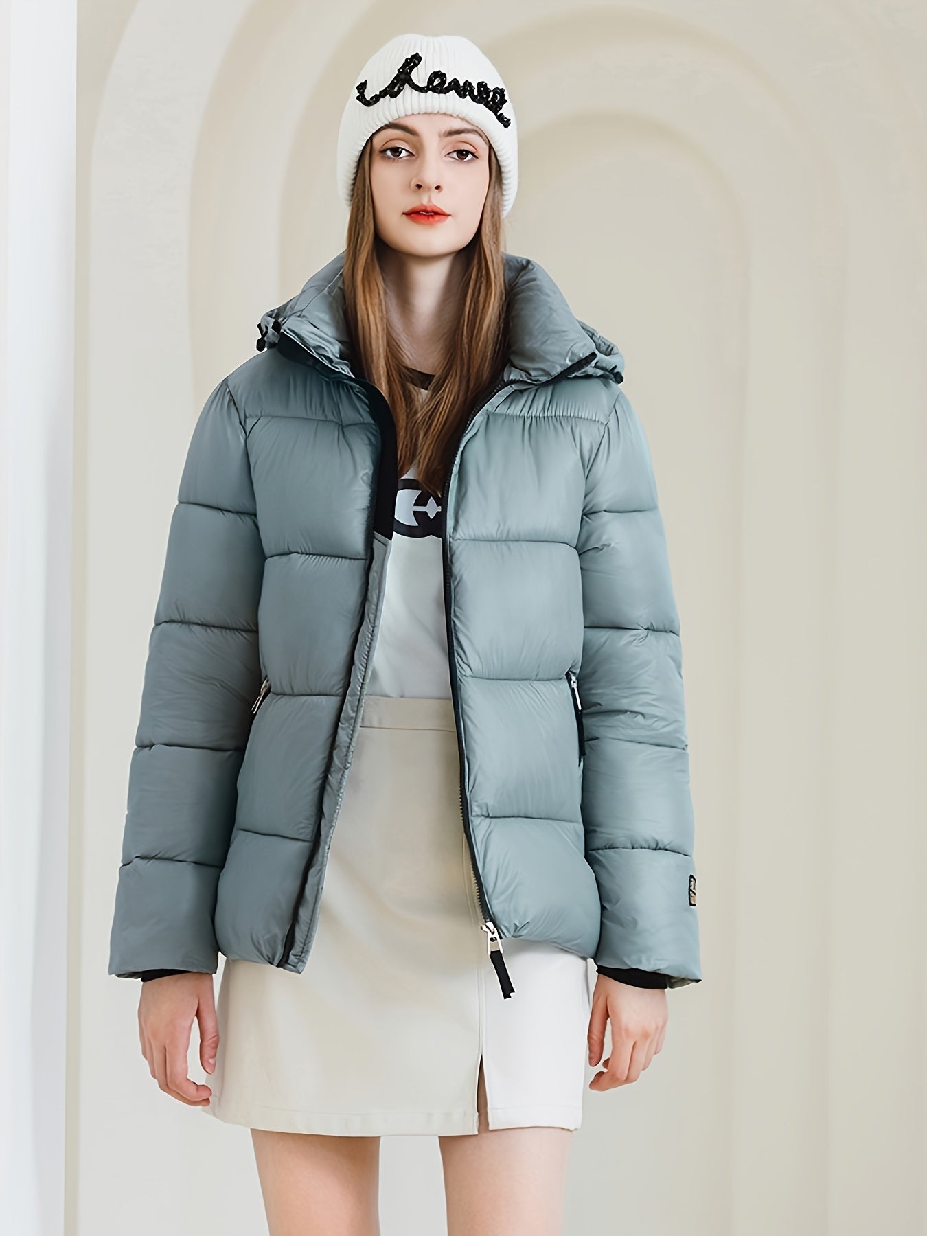 Sixsr Solid Zipper Front Hooded Coat, Versatile Long Sleeve Warm Winter Outwear, Women's Clothing